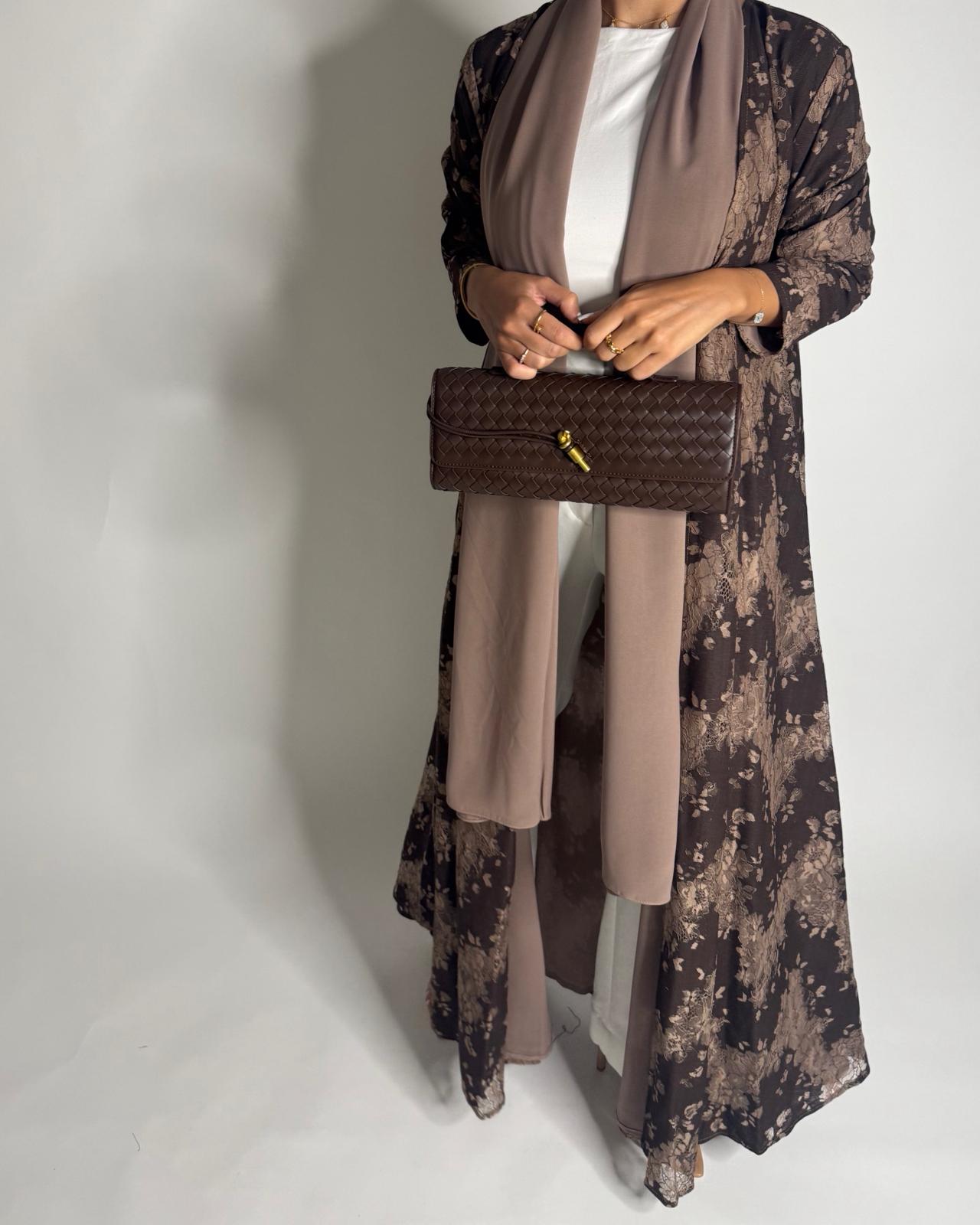A600 - Shades of Brown Linen & Lace A-CUT Summery Abaya & Matching Head Scarf