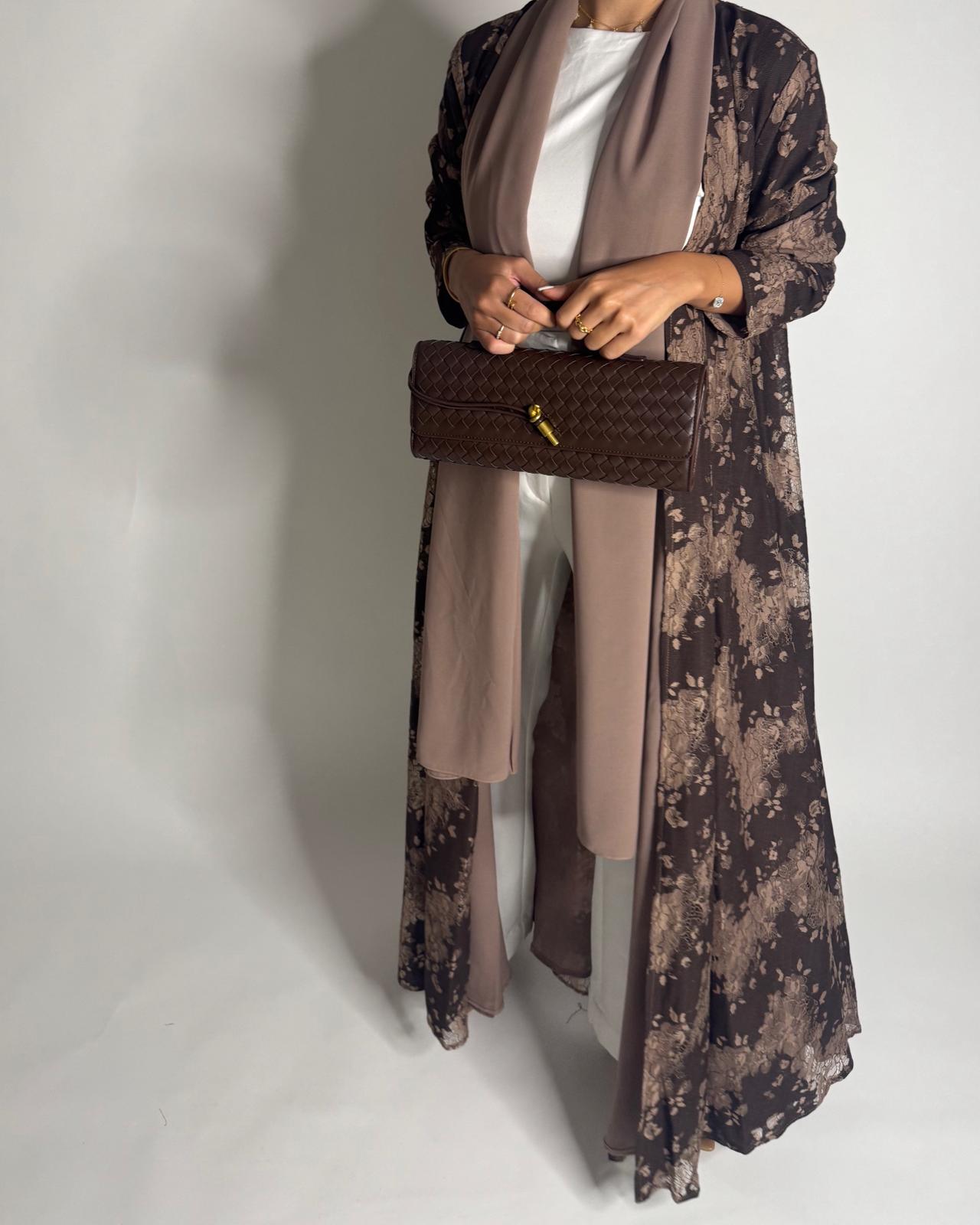 A600 - Shades of Brown Linen & Lace A-CUT Summery Abaya & Matching Head Scarf