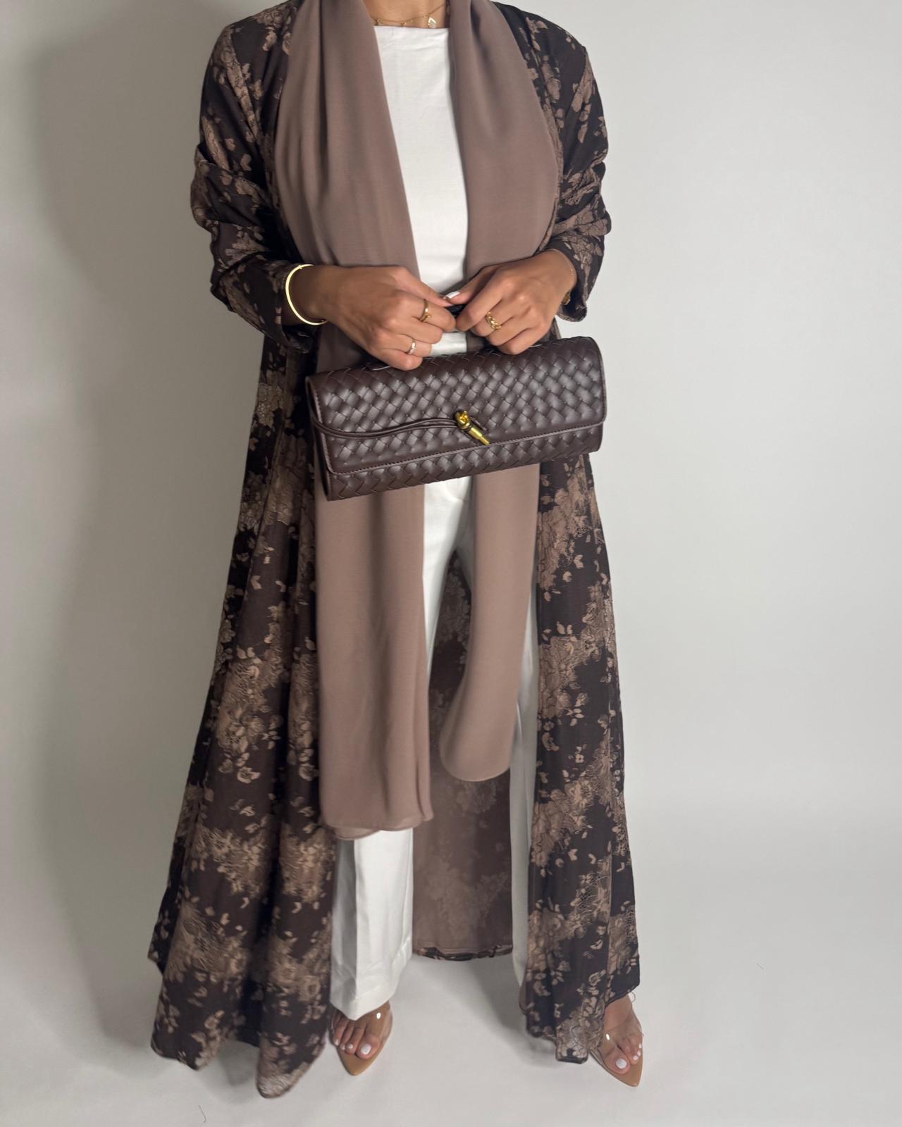 A600 - Shades of Brown Linen & Lace A-CUT Summery Abaya & Matching Head Scarf