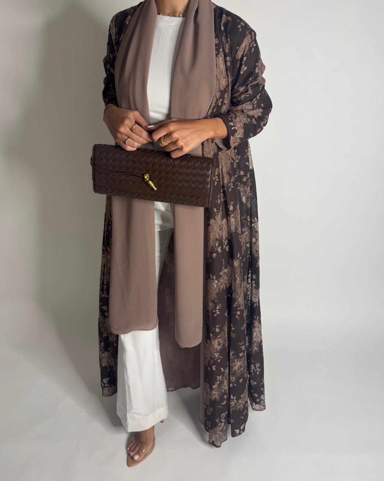 A600 - Shades of Brown Linen & Lace A-CUT Summery Abaya & Matching Head Scarf