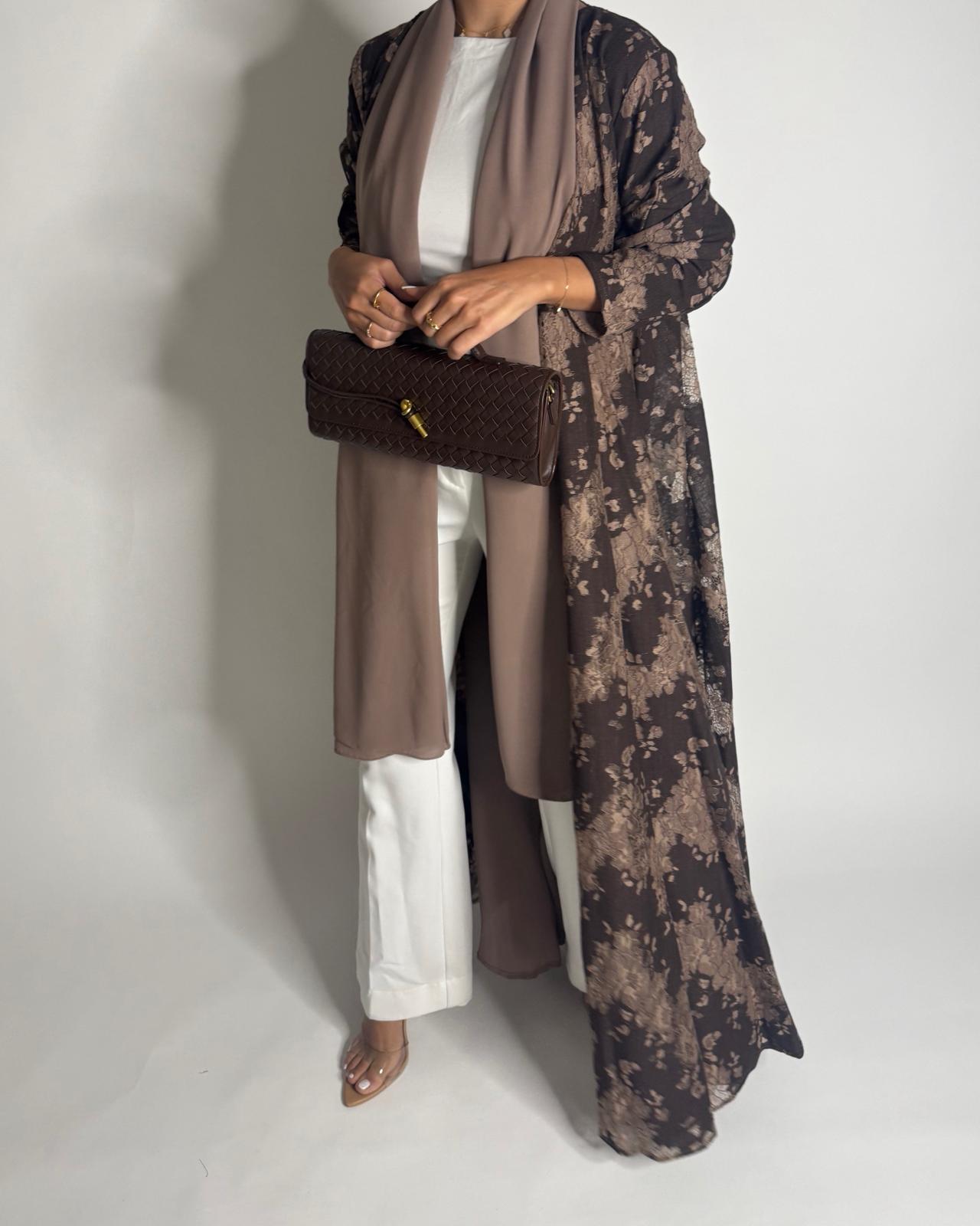 A600 - Shades of Brown Linen & Lace A-CUT Summery Abaya & Matching Head Scarf