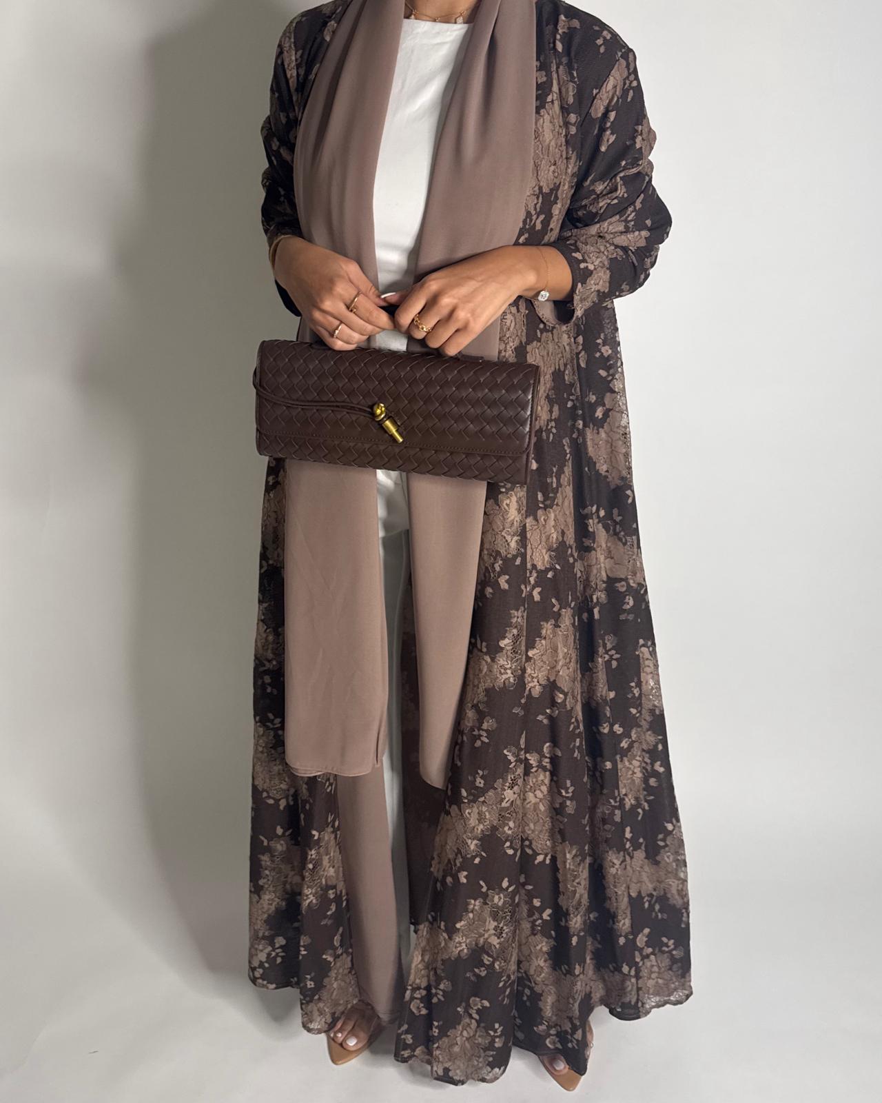 A600 - Shades of Brown Linen & Lace A-CUT Summery Abaya & Matching Head Scarf