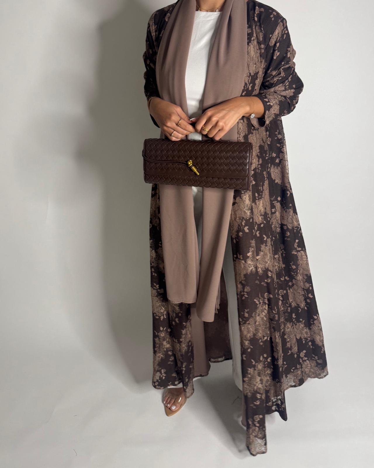 A600 - Shades of Brown Linen & Lace A-CUT Summery Abaya & Matching Head Scarf