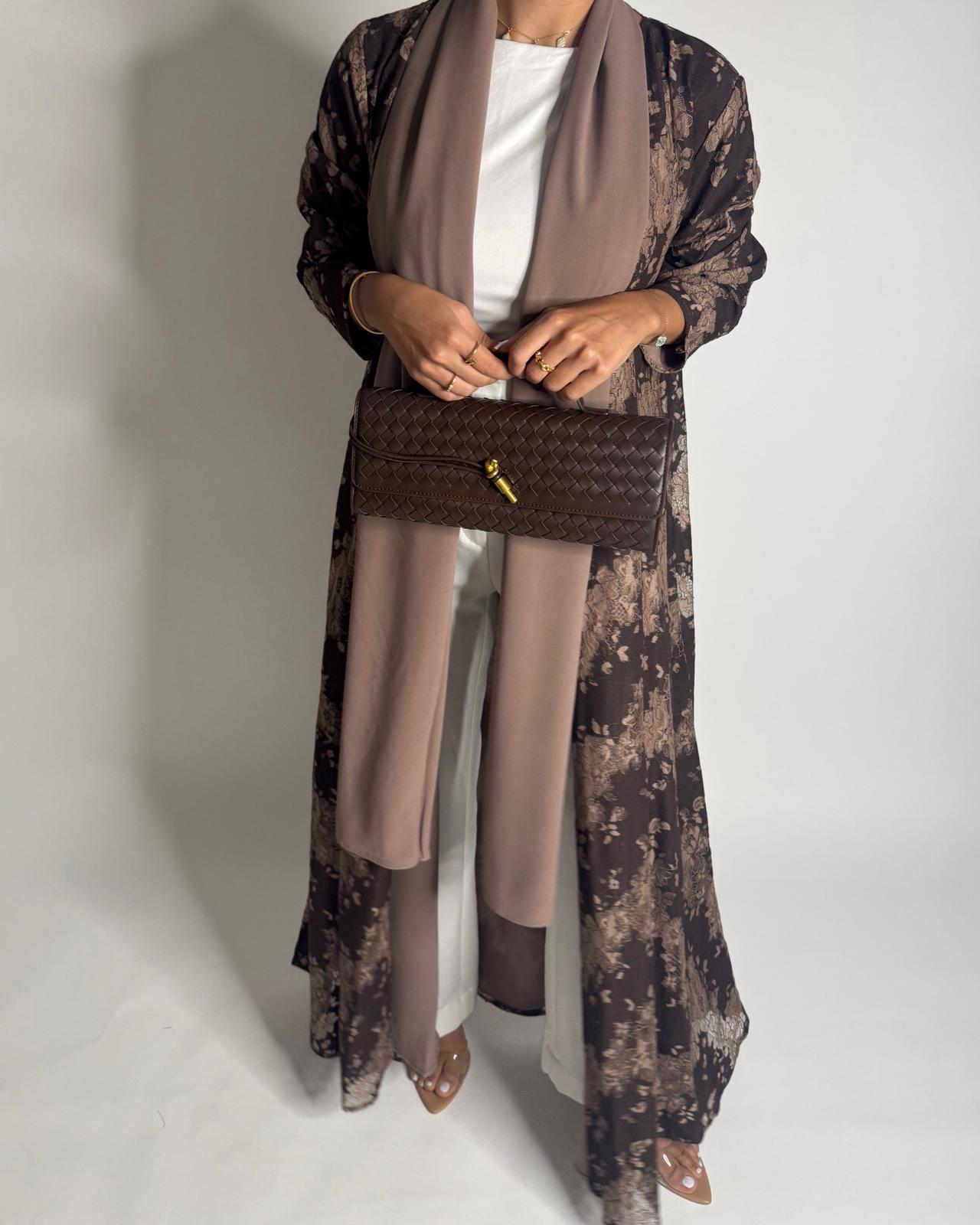 A600 - Shades of Brown Linen & Lace A-CUT Summery Abaya & Matching Head Scarf