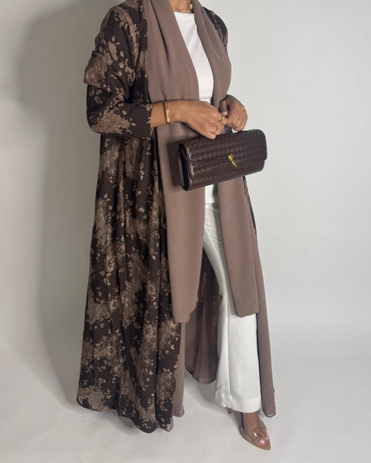 A600 - Shades of Brown Linen & Lace A-CUT Summery Abaya & Matching Head Scarf