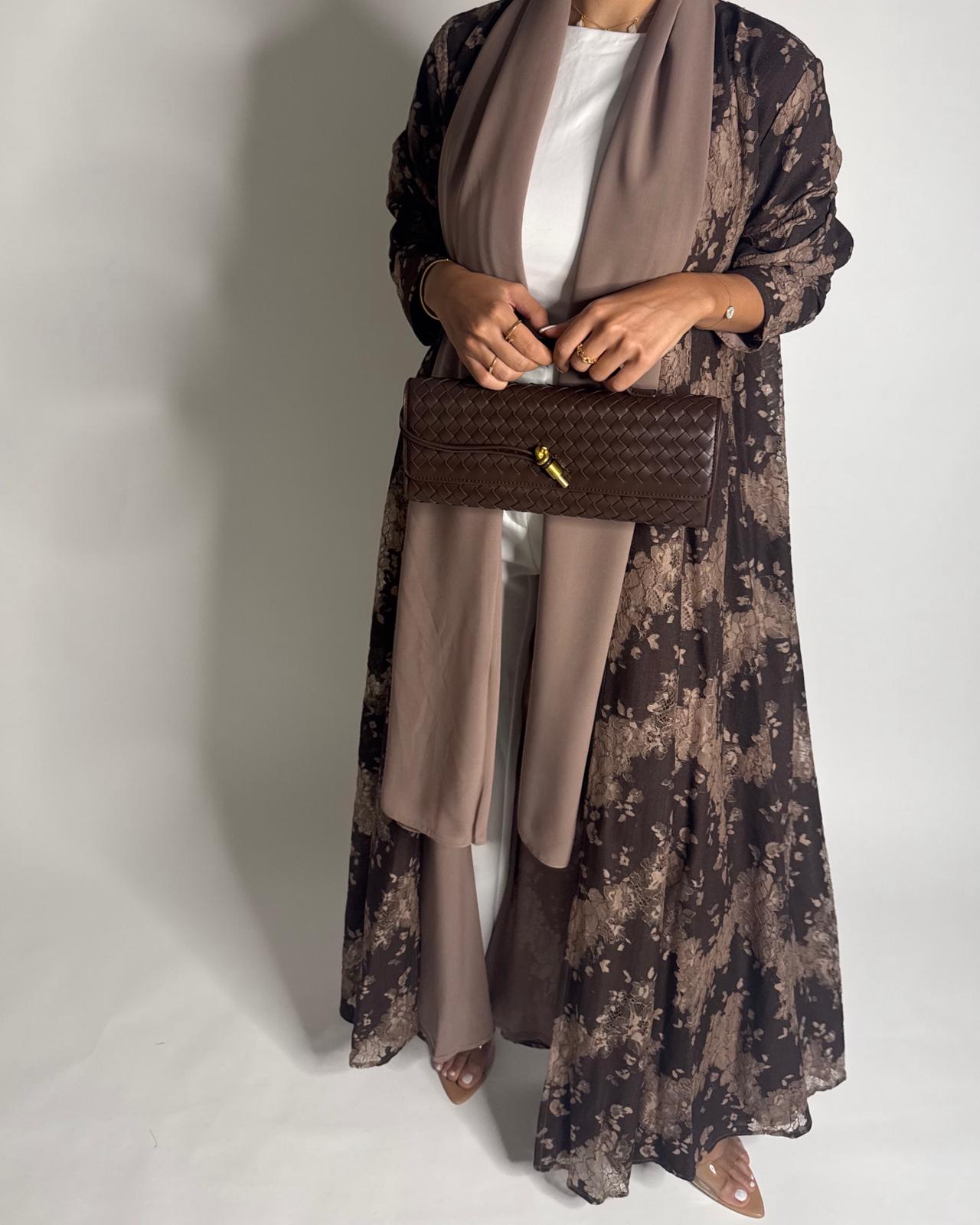 A600 - Shades of Brown Linen & Lace A-CUT Summery Abaya & Matching Head Scarf