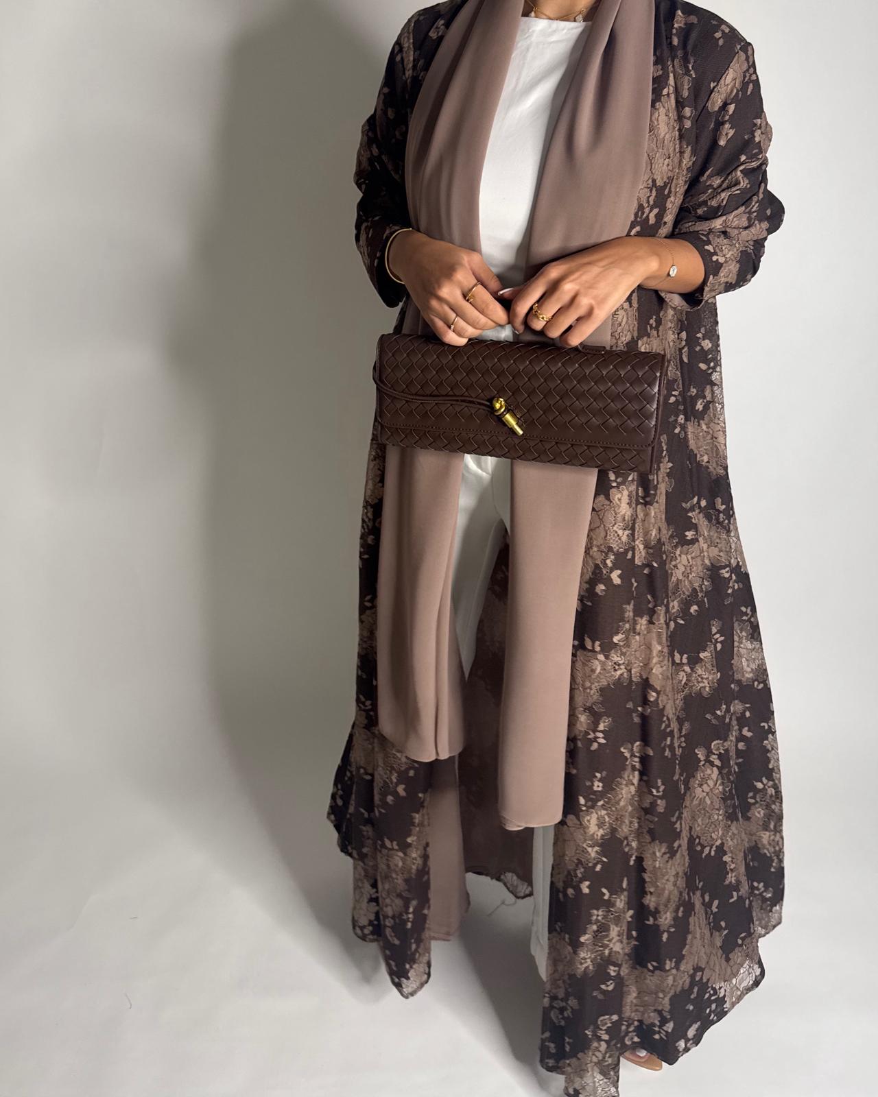 A600 - Shades of Brown Linen & Lace A-CUT Summery Abaya & Matching Head Scarf