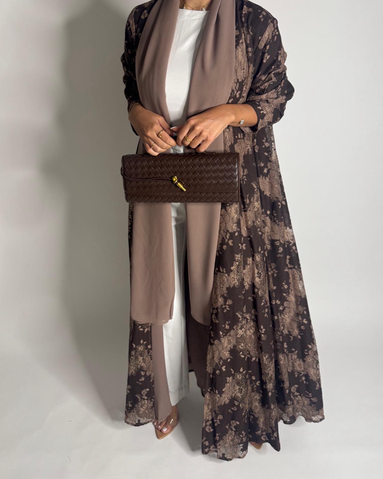 A600 - Shades of Brown Linen & Lace A-CUT Summery Abaya & Matching Head Scarf