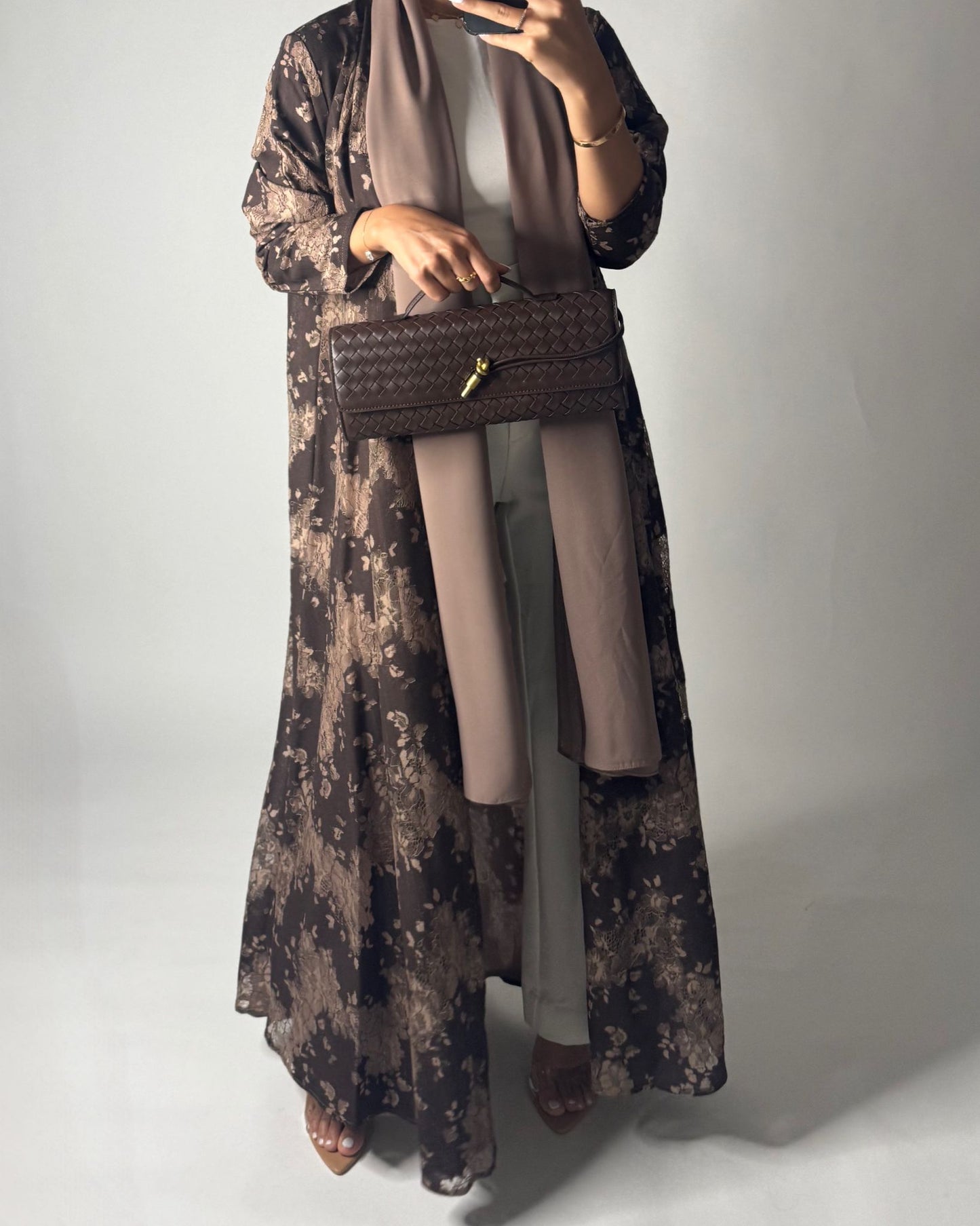 A600 - Shades of Brown Linen & Lace A-CUT Summery Abaya & Matching Head Scarf