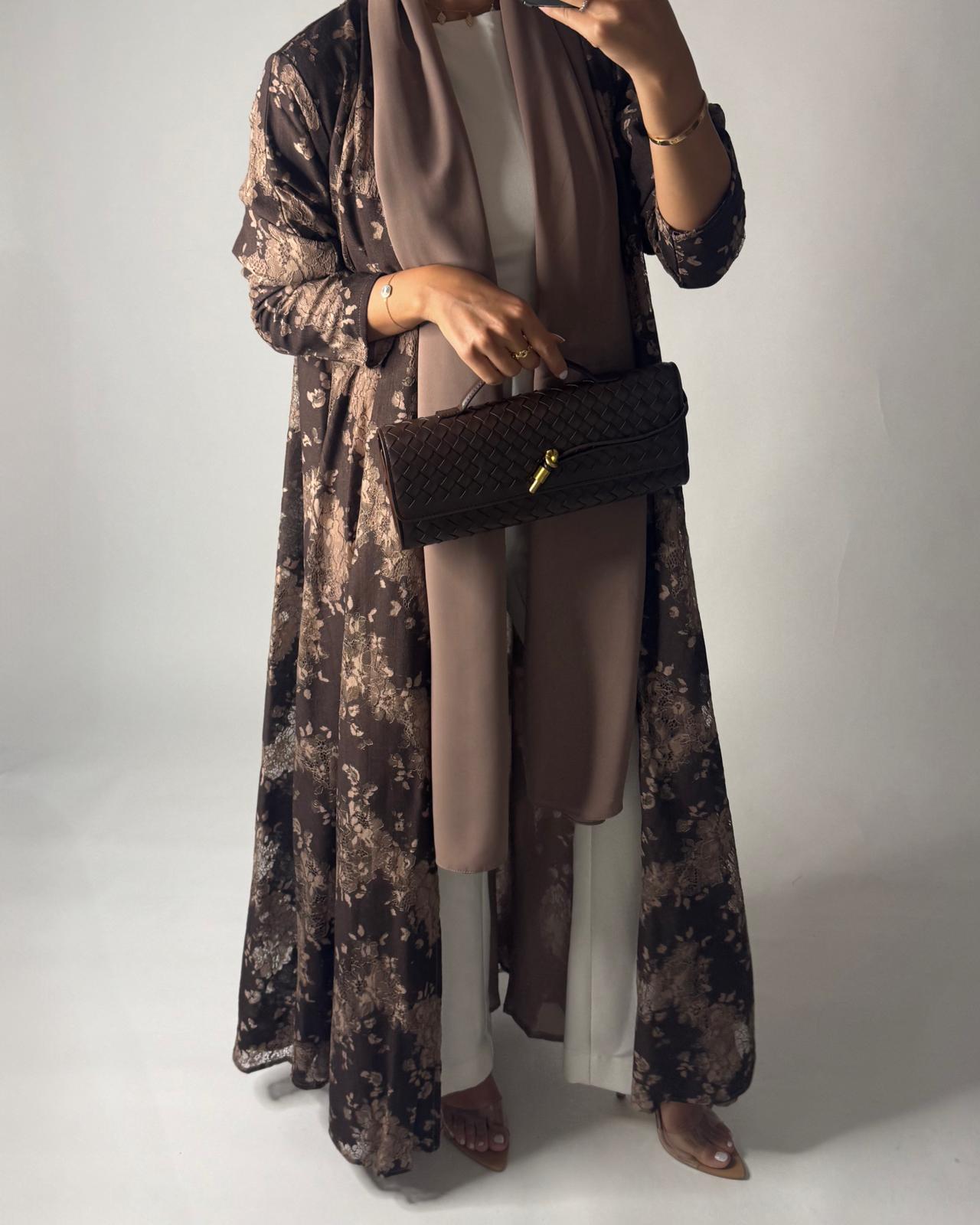 A600 - Shades of Brown Linen & Lace A-CUT Summery Abaya & Matching Head Scarf