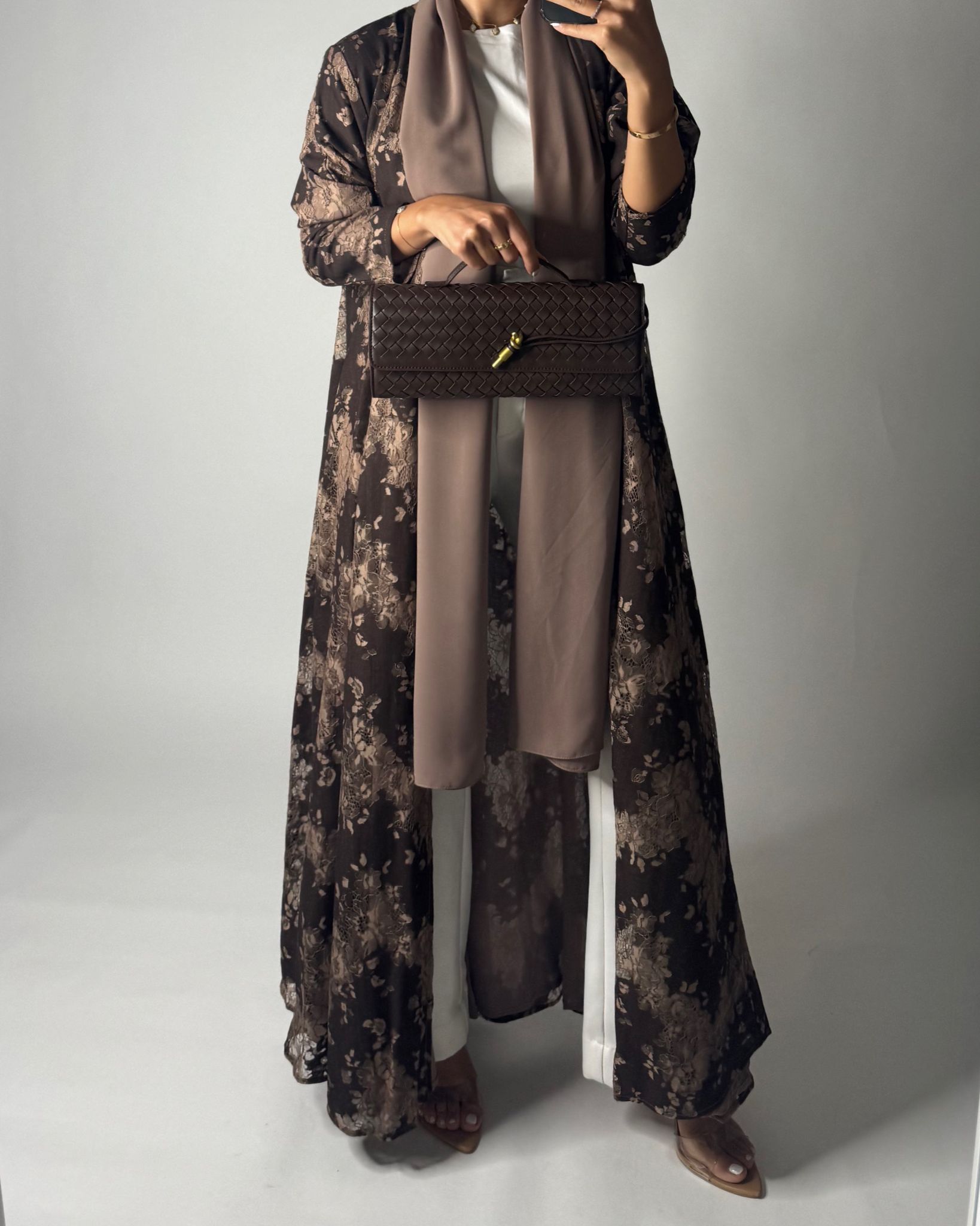 A600 - Shades of Brown Linen & Lace A-CUT Summery Abaya & Matching Head Scarf