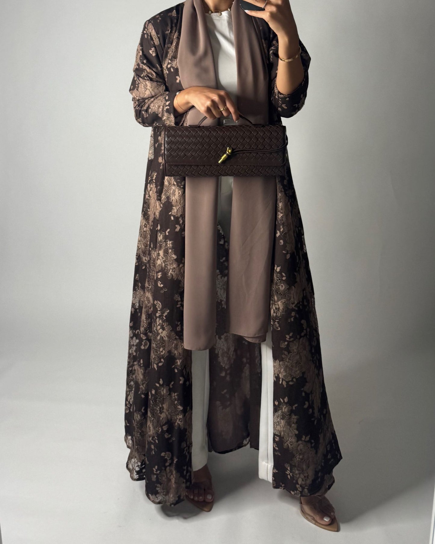 A600 - Shades of Brown Linen & Lace A-CUT Summery Abaya & Matching Head Scarf