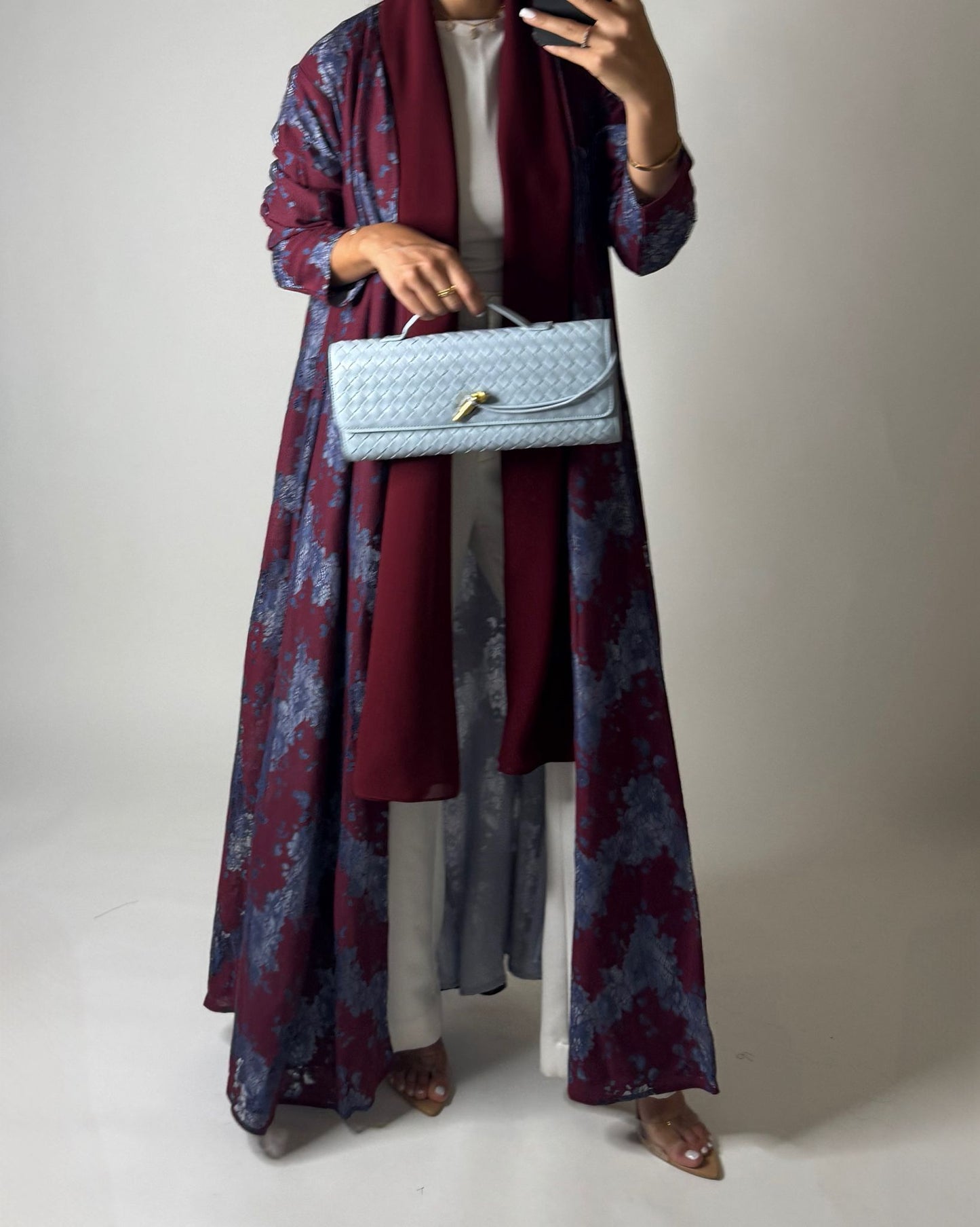 A597 - Maroon & Blue Linen & Lace A-CUT Summery Abaya & Matching Head Scarf