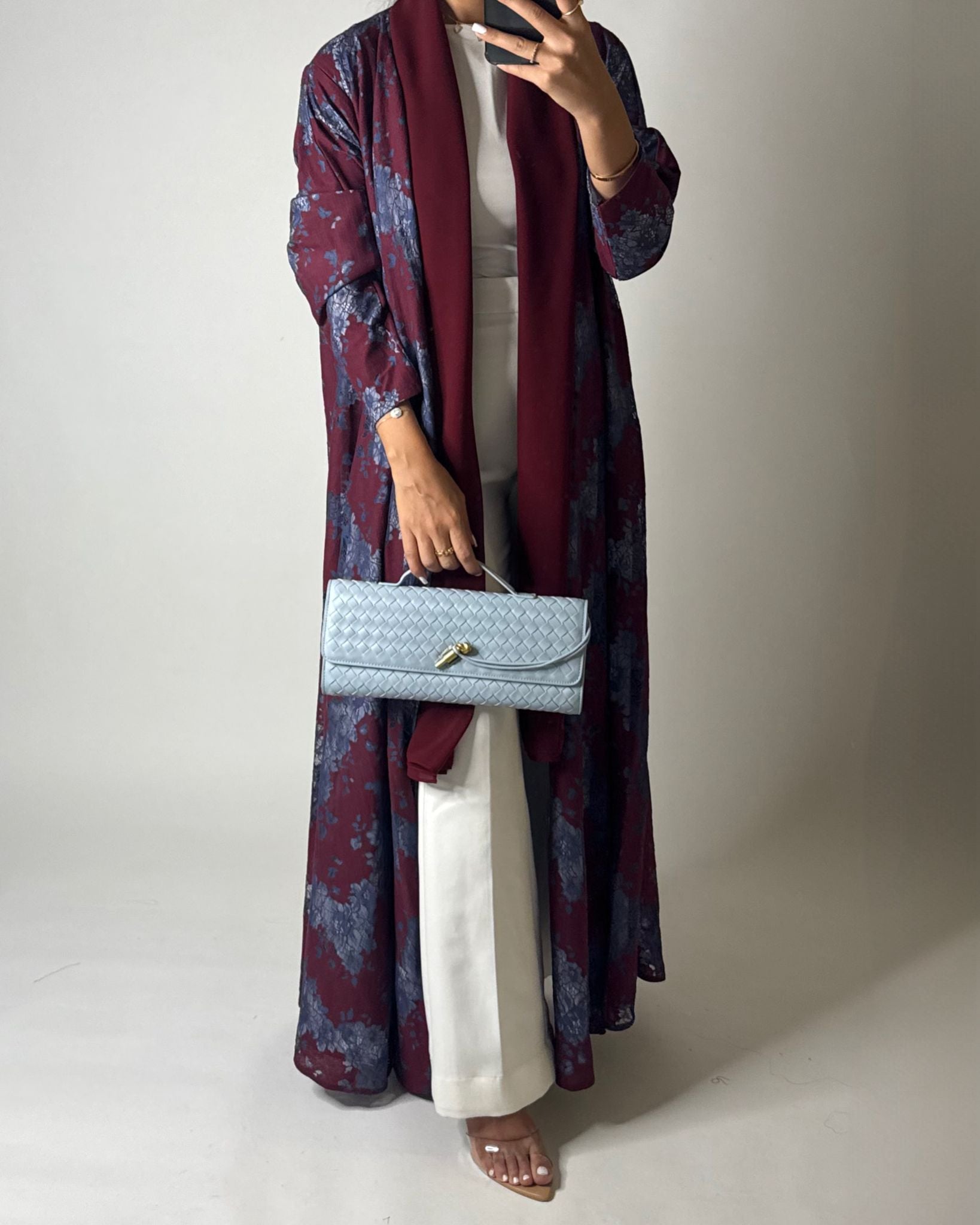 A597 - Maroon & Blue Linen & Lace A-CUT Summery Abaya & Matching Head Scarf