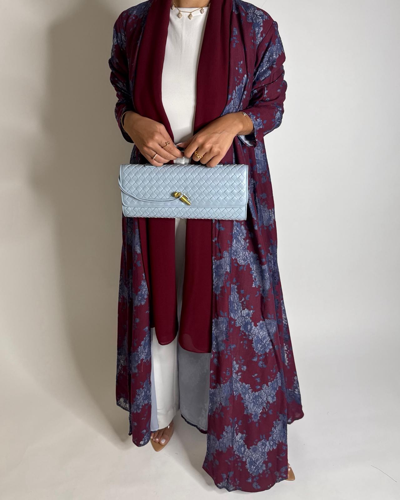 A597 - Maroon & Blue Linen & Lace A-CUT Summery Abaya & Matching Head Scarf