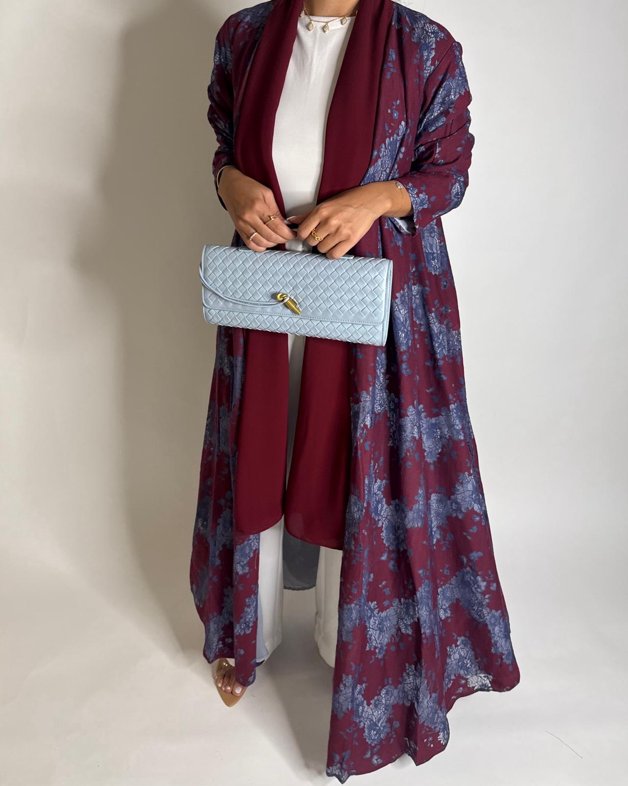 A597 - Maroon & Blue Linen & Lace A-CUT Summery Abaya & Matching Head Scarf