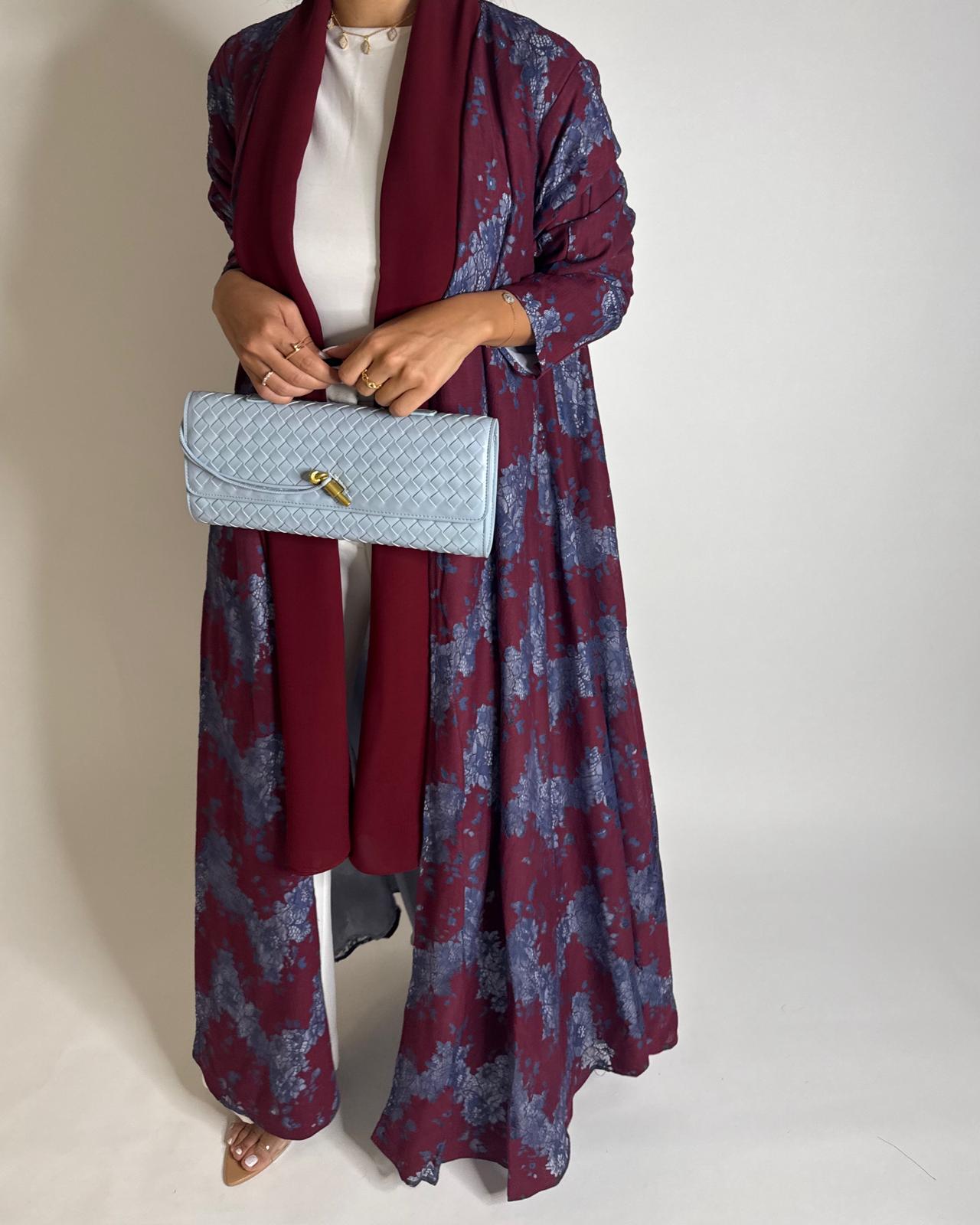 A597 - Maroon & Blue Linen & Lace A-CUT Summery Abaya & Matching Head Scarf