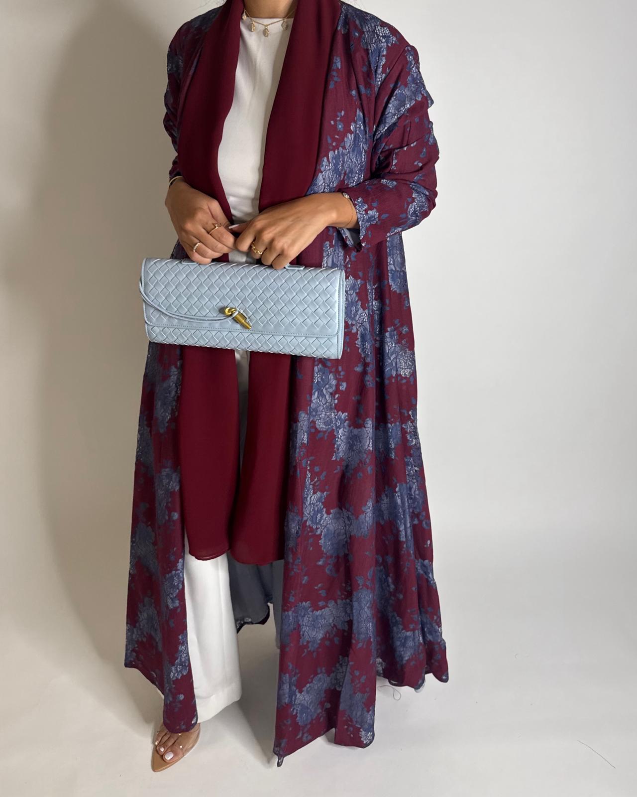 A597 - Maroon & Blue Linen & Lace A-CUT Summery Abaya & Matching Head Scarf