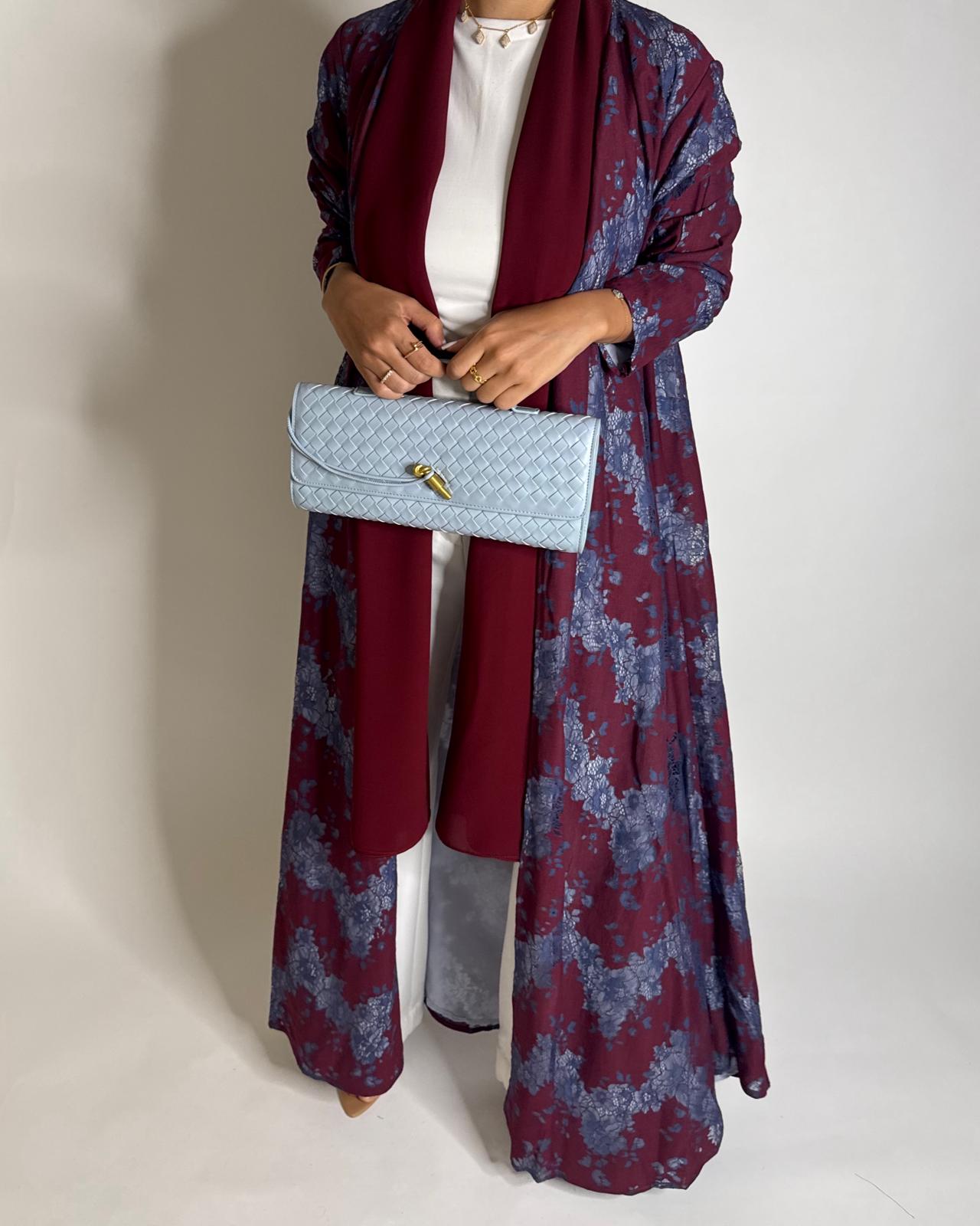 A597 - Maroon & Blue Linen & Lace A-CUT Summery Abaya & Matching Head Scarf