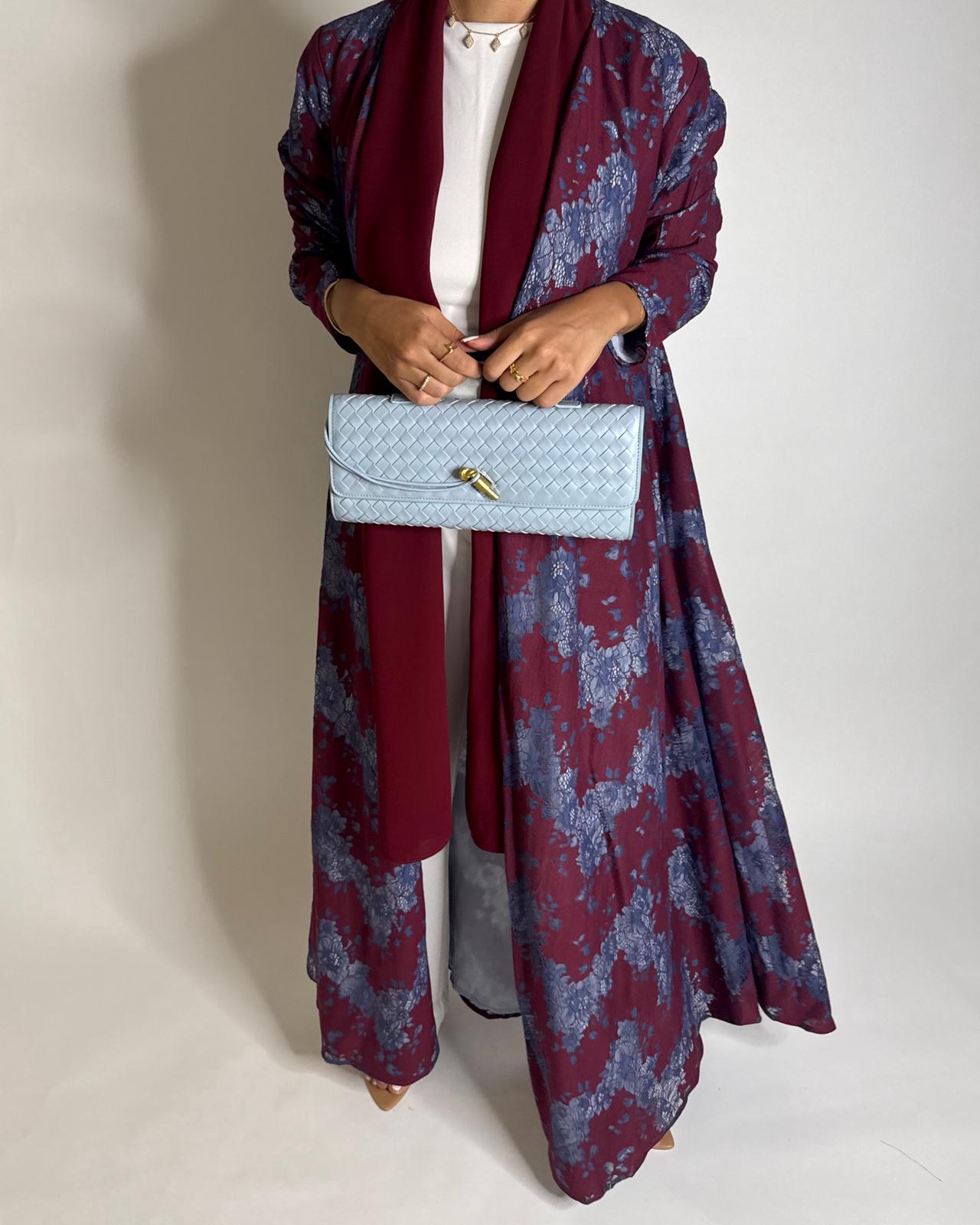 A597 - Maroon & Blue Linen & Lace A-CUT Summery Abaya & Matching Head Scarf