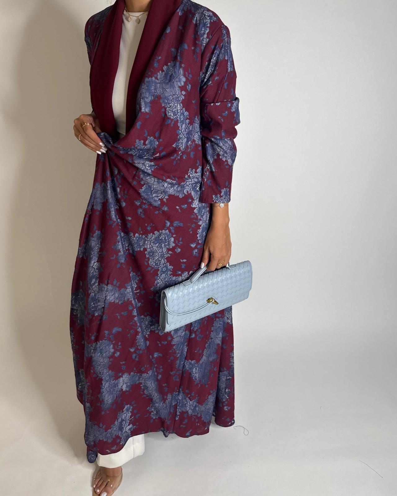 A597 - Maroon & Blue Linen & Lace A-CUT Summery Abaya & Matching Head Scarf