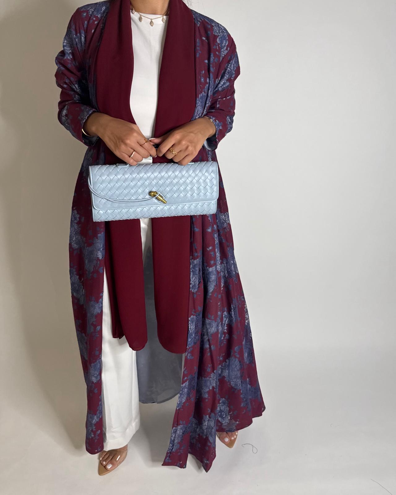 A597 - Maroon & Blue Linen & Lace A-CUT Summery Abaya & Matching Head Scarf