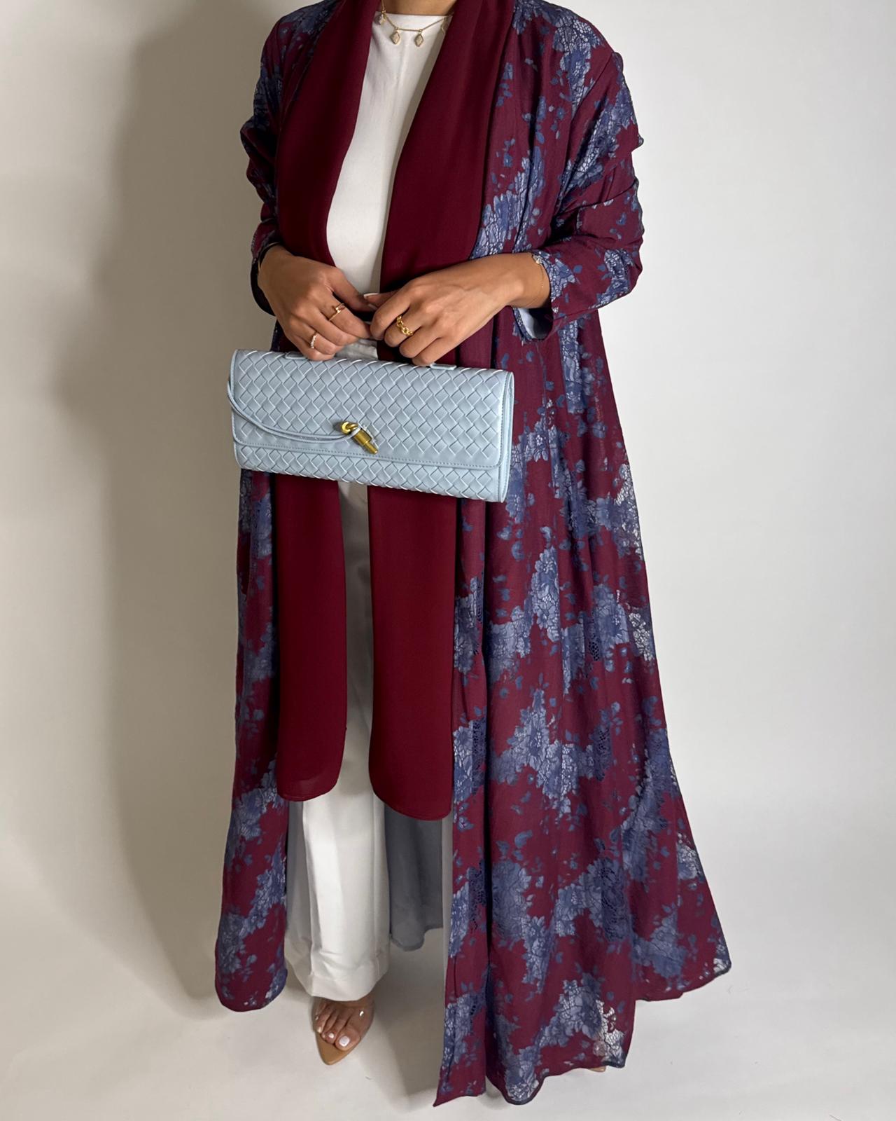 A597 - Maroon & Blue Linen & Lace A-CUT Summery Abaya & Matching Head Scarf