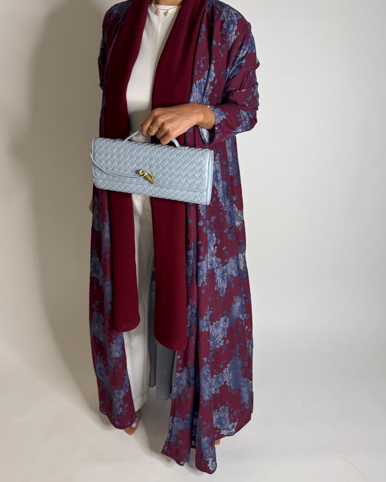 A597 - Maroon & Blue Linen & Lace A-CUT Summery Abaya & Matching Head Scarf
