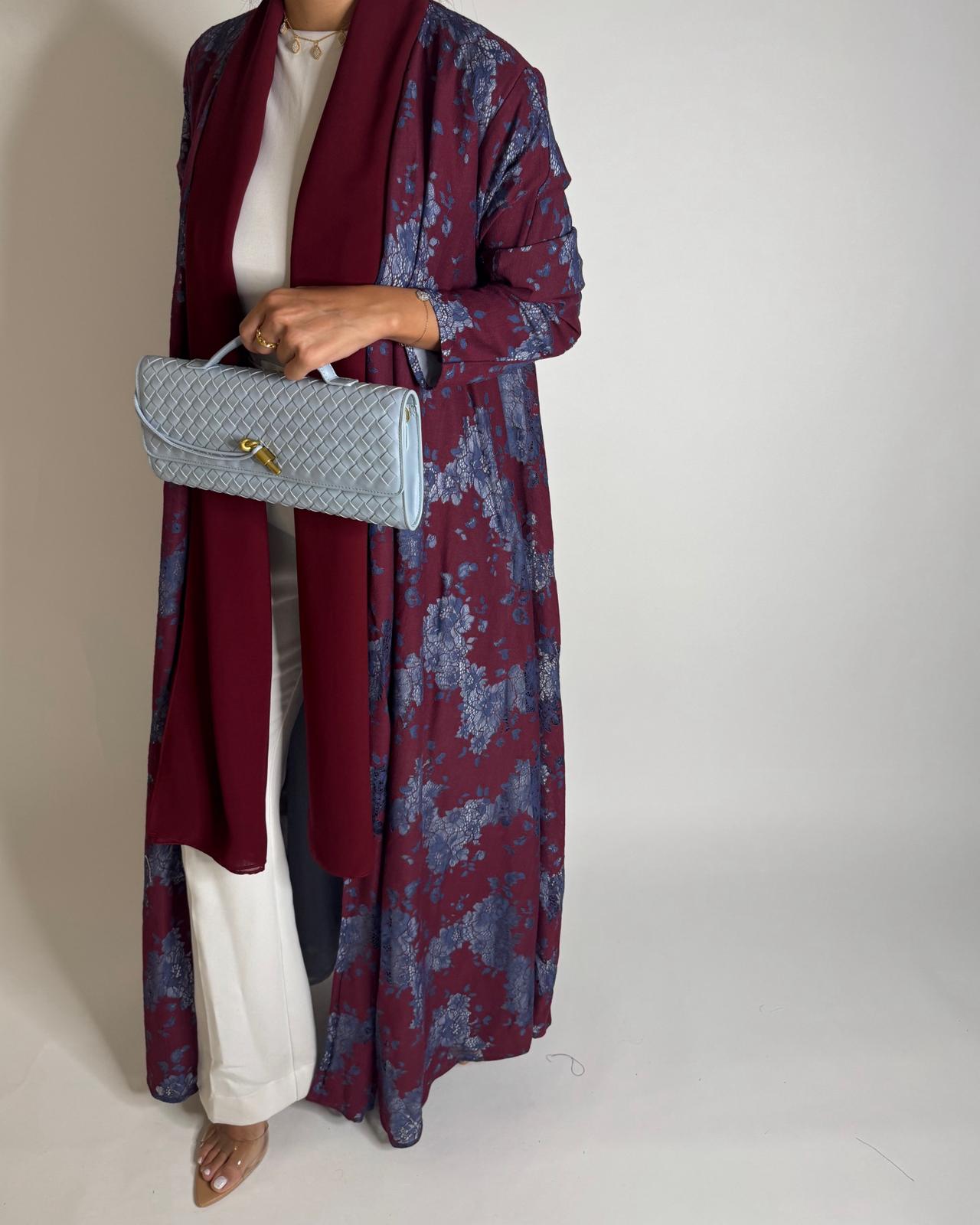 A597 - Maroon & Blue Linen & Lace A-CUT Summery Abaya & Matching Head Scarf