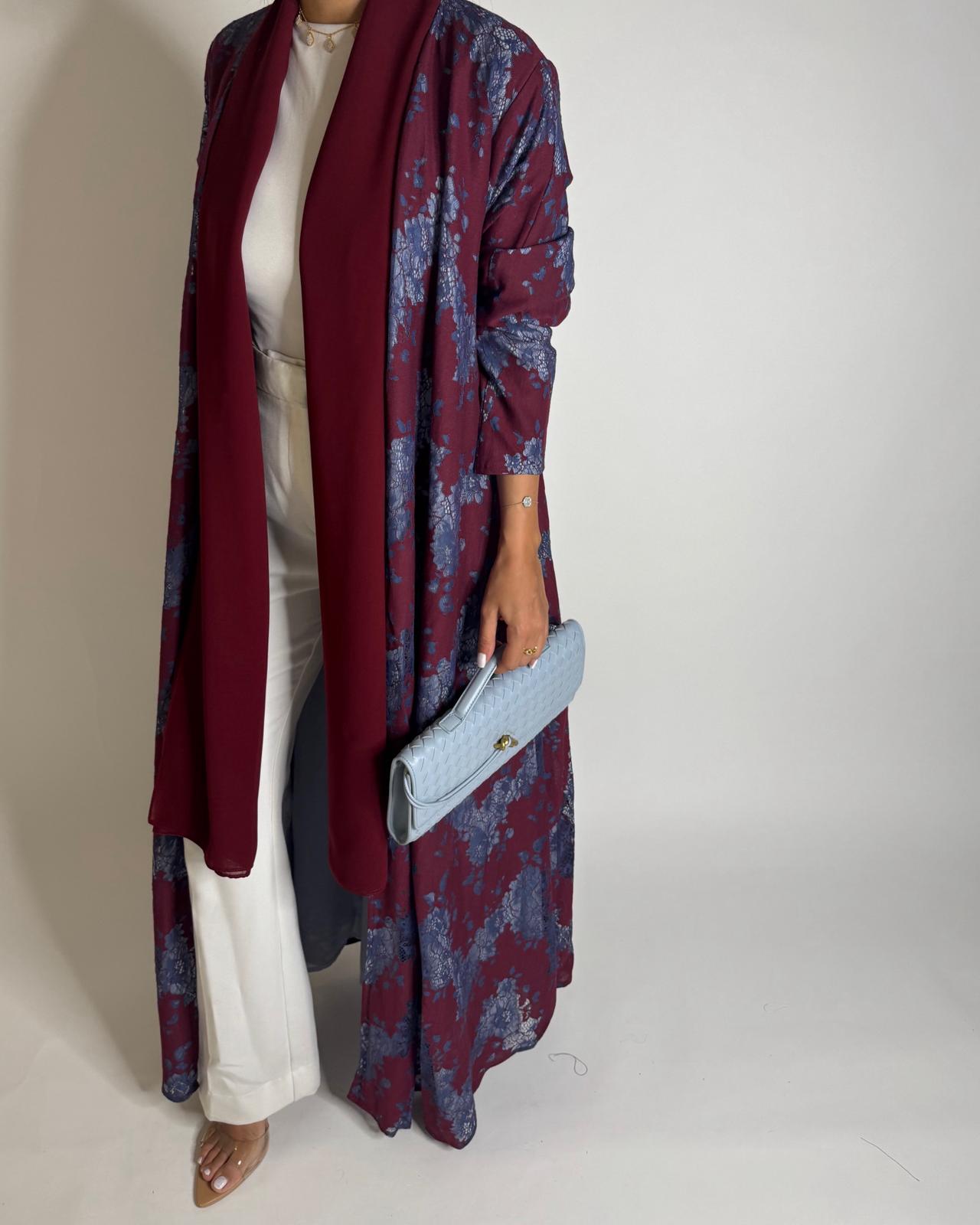 A597 - Maroon & Blue Linen & Lace A-CUT Summery Abaya & Matching Head Scarf