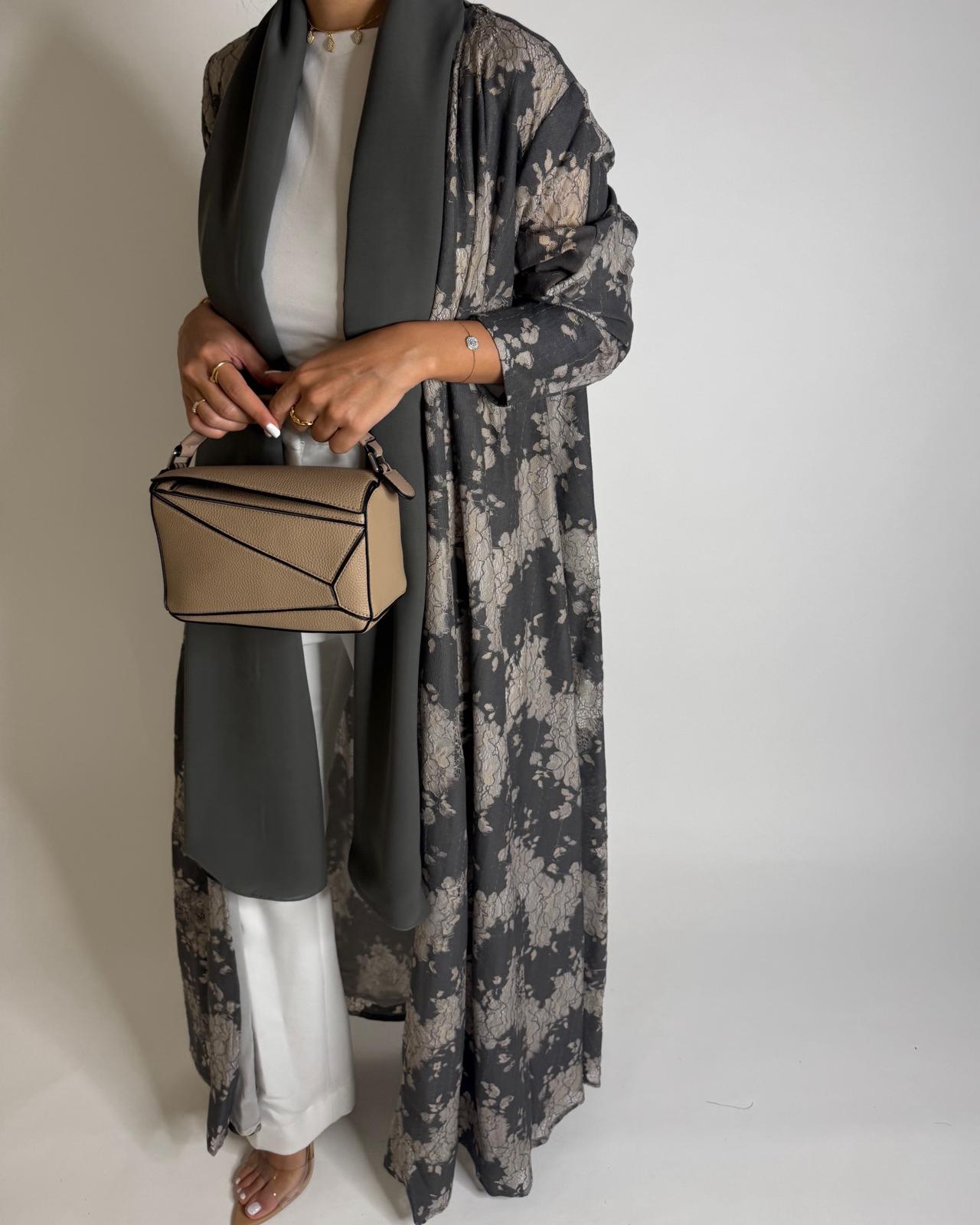A602 - Gray & Cream Linen & Lace A-CUT Summery Abaya & Matching Head Scarf