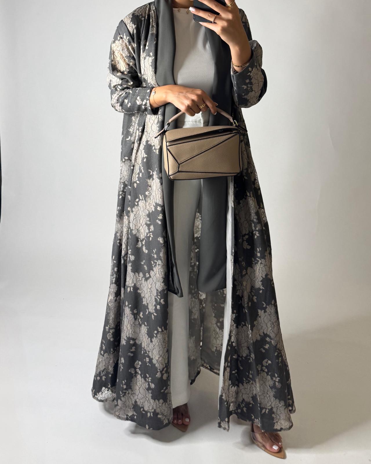 A602 - Gray & Cream Linen & Lace A-CUT Summery Abaya & Matching Head Scarf