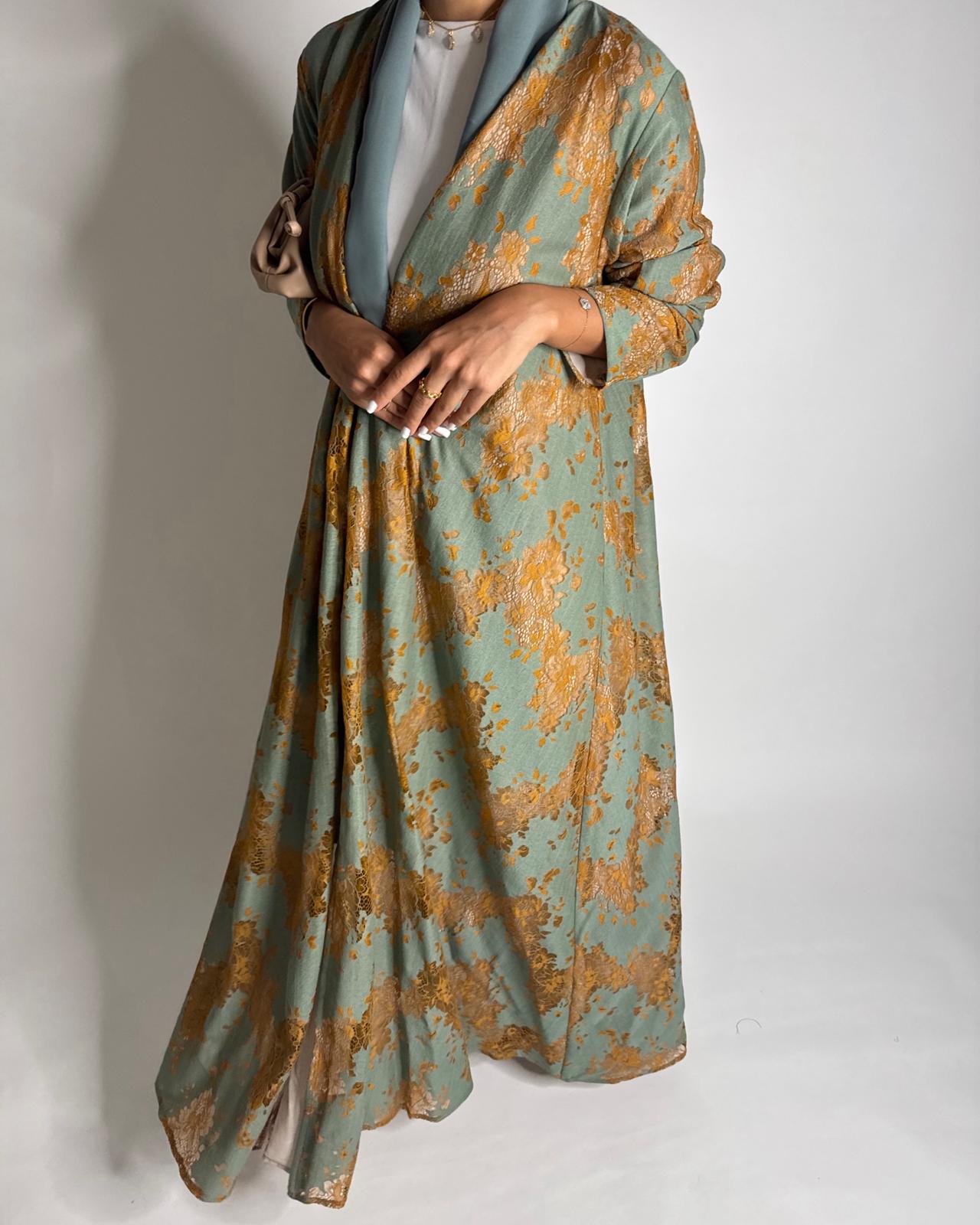 A595 - Green & Mustard Linen & Lace A-CUT Summery Abaya & Matching Head Scarf