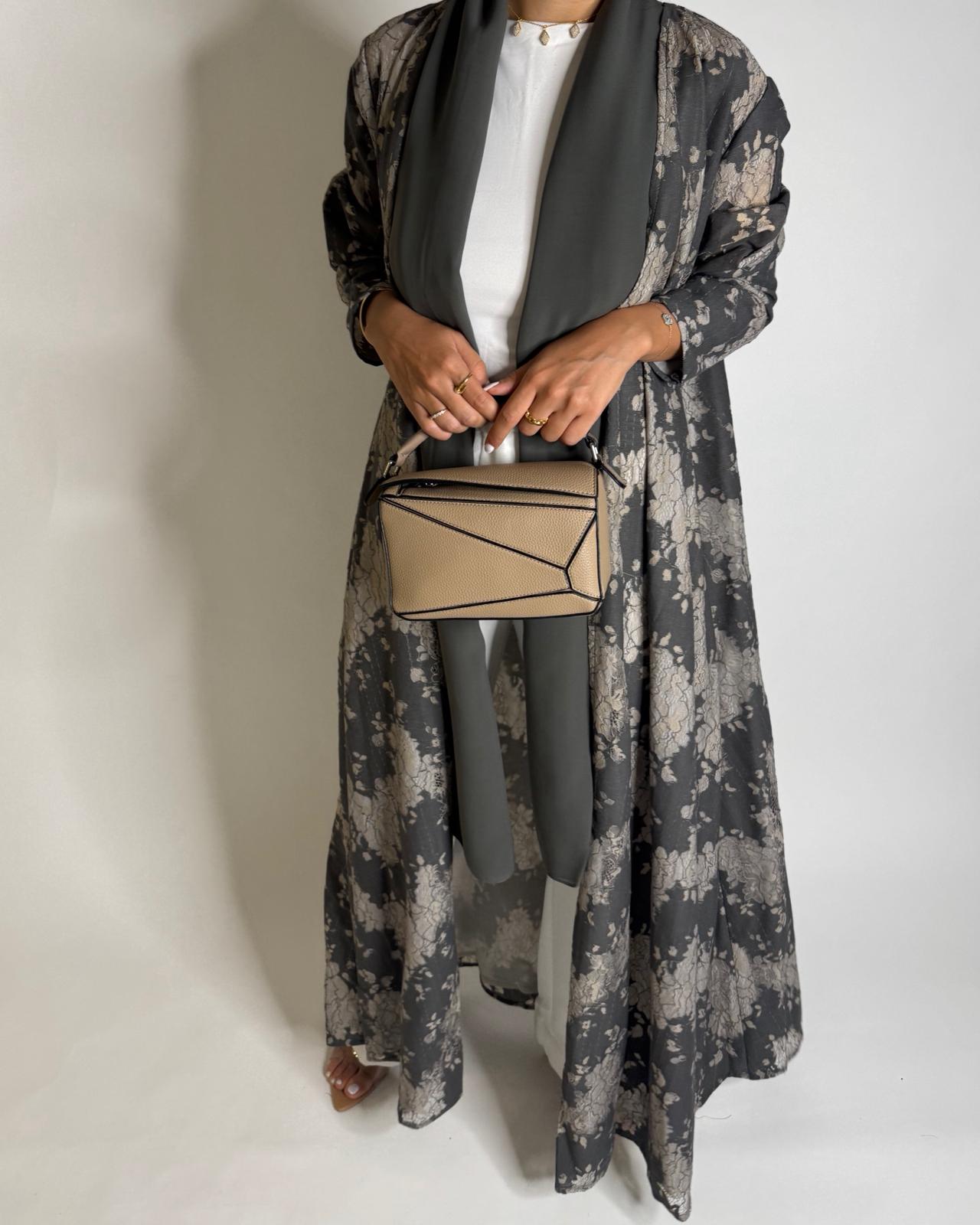 A602 - Gray & Cream Linen & Lace A-CUT Summery Abaya & Matching Head Scarf