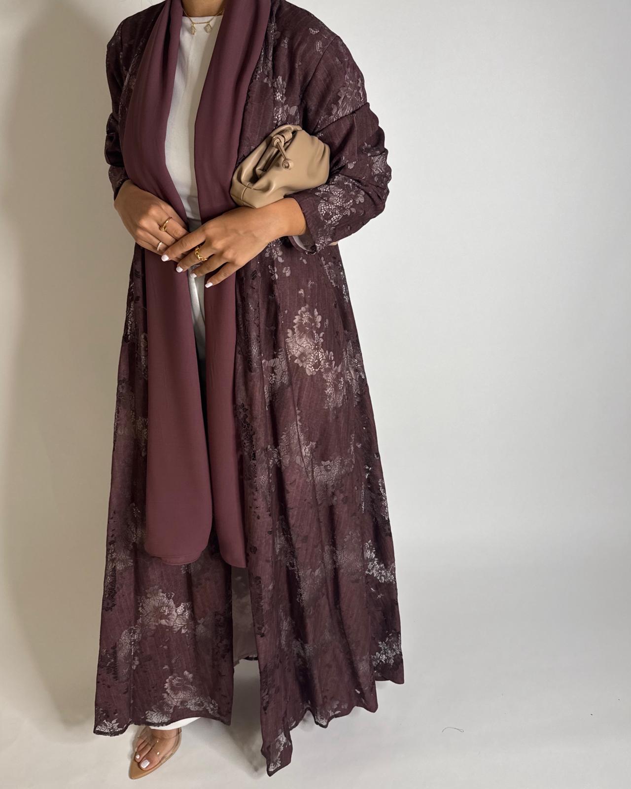 A589 - Maroon Linen & Lace A-CUT Summery Abaya & Matching Head Scarf