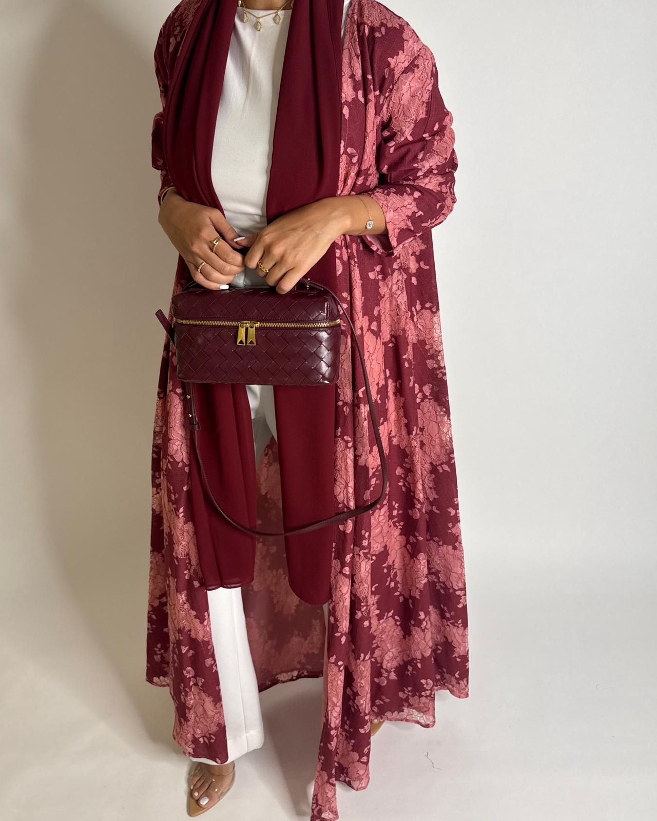 A598 - Maroon & Pink Linen & Lace A-CUT Summery Abaya & Matching Head Scarf