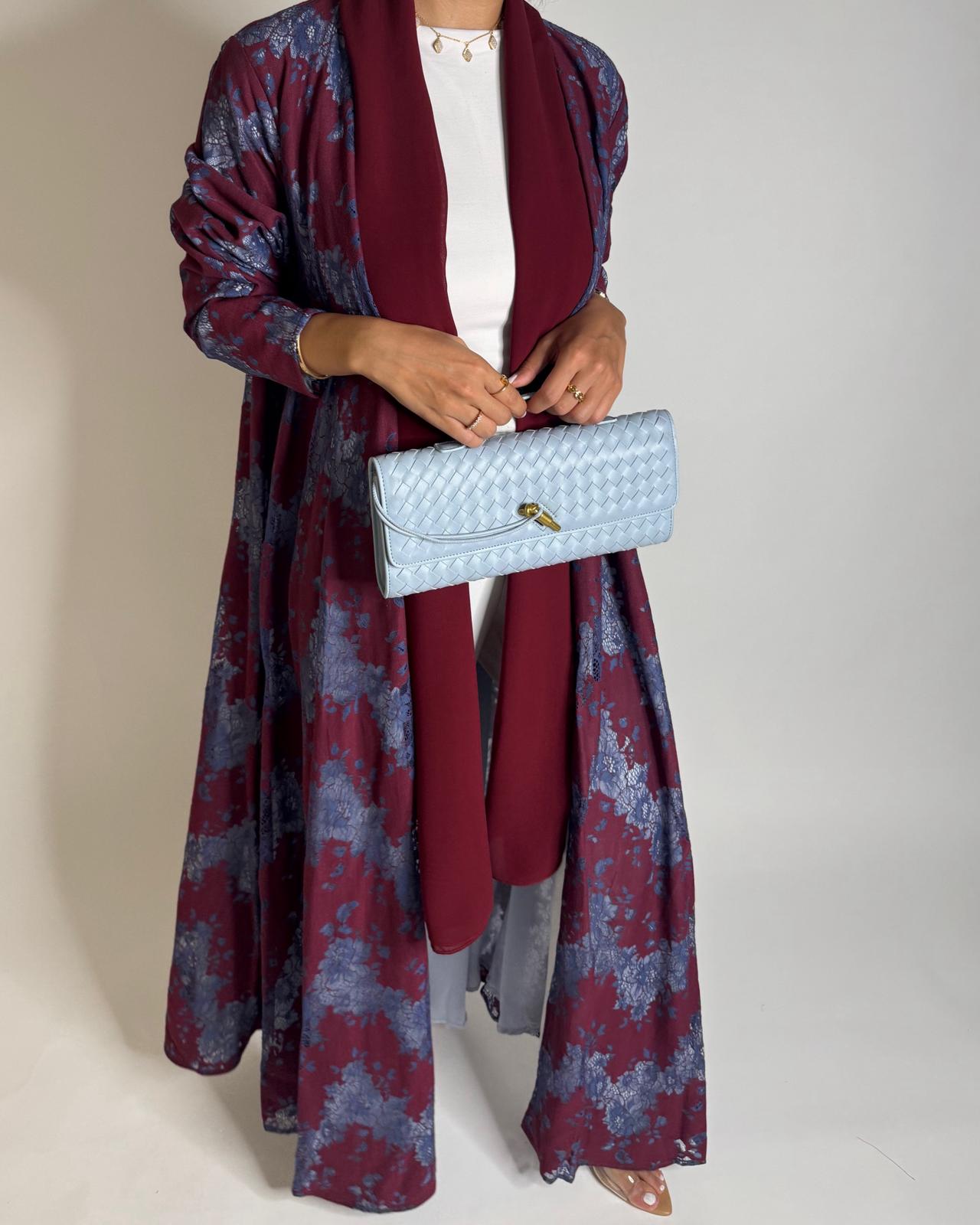 A597 - Maroon & Blue Linen & Lace A-CUT Summery Abaya & Matching Head Scarf