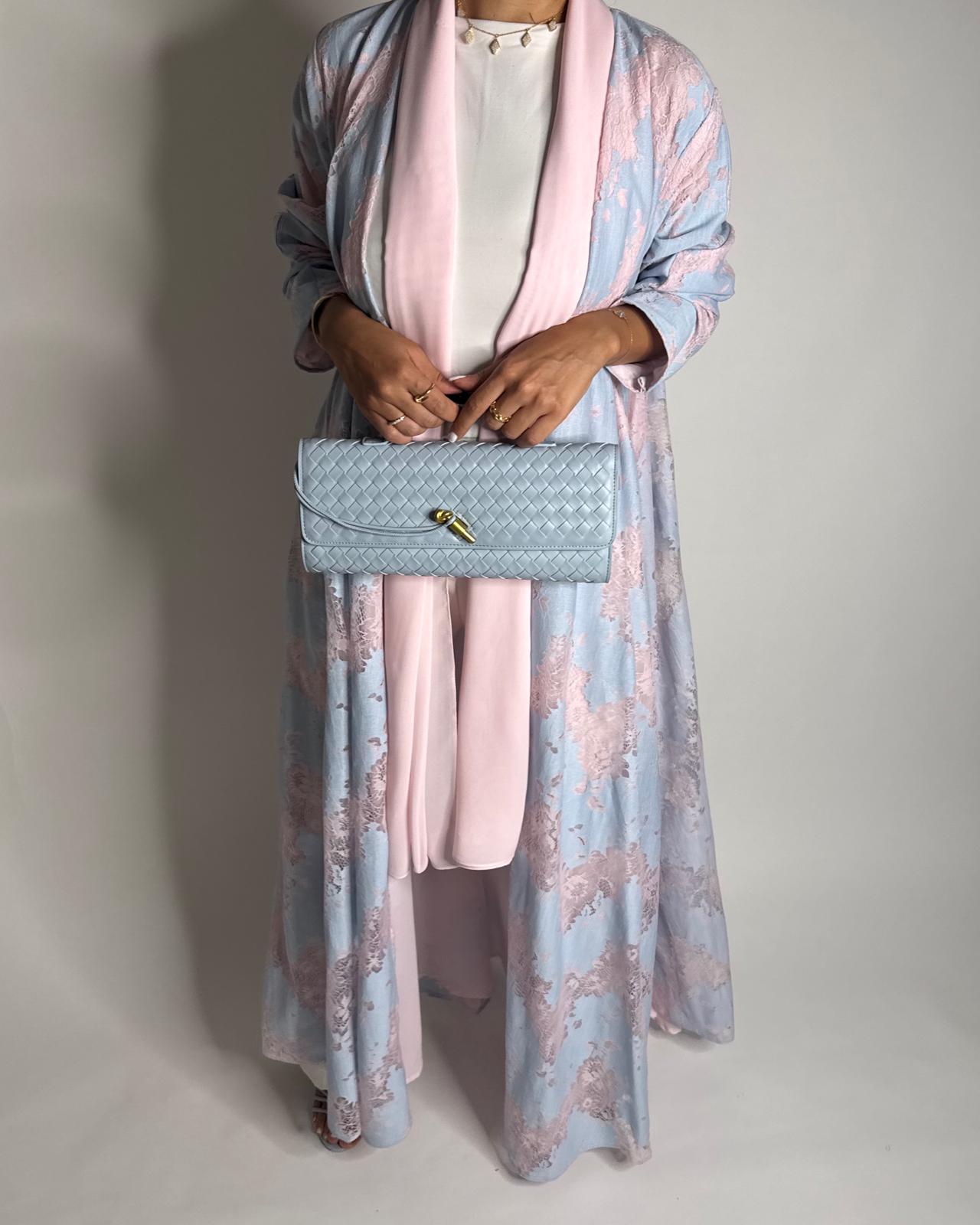 A601 - Baby Blue & Pink Linen & Lace A-CUT Summery Abaya & Matching Head Scarf