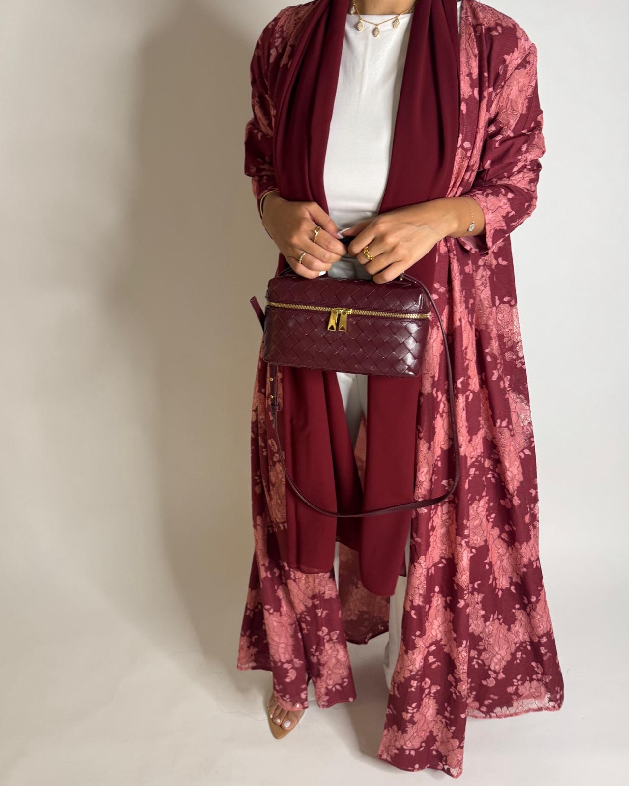 A598 - Maroon & Pink Linen & Lace A-CUT Summery Abaya & Matching Head Scarf