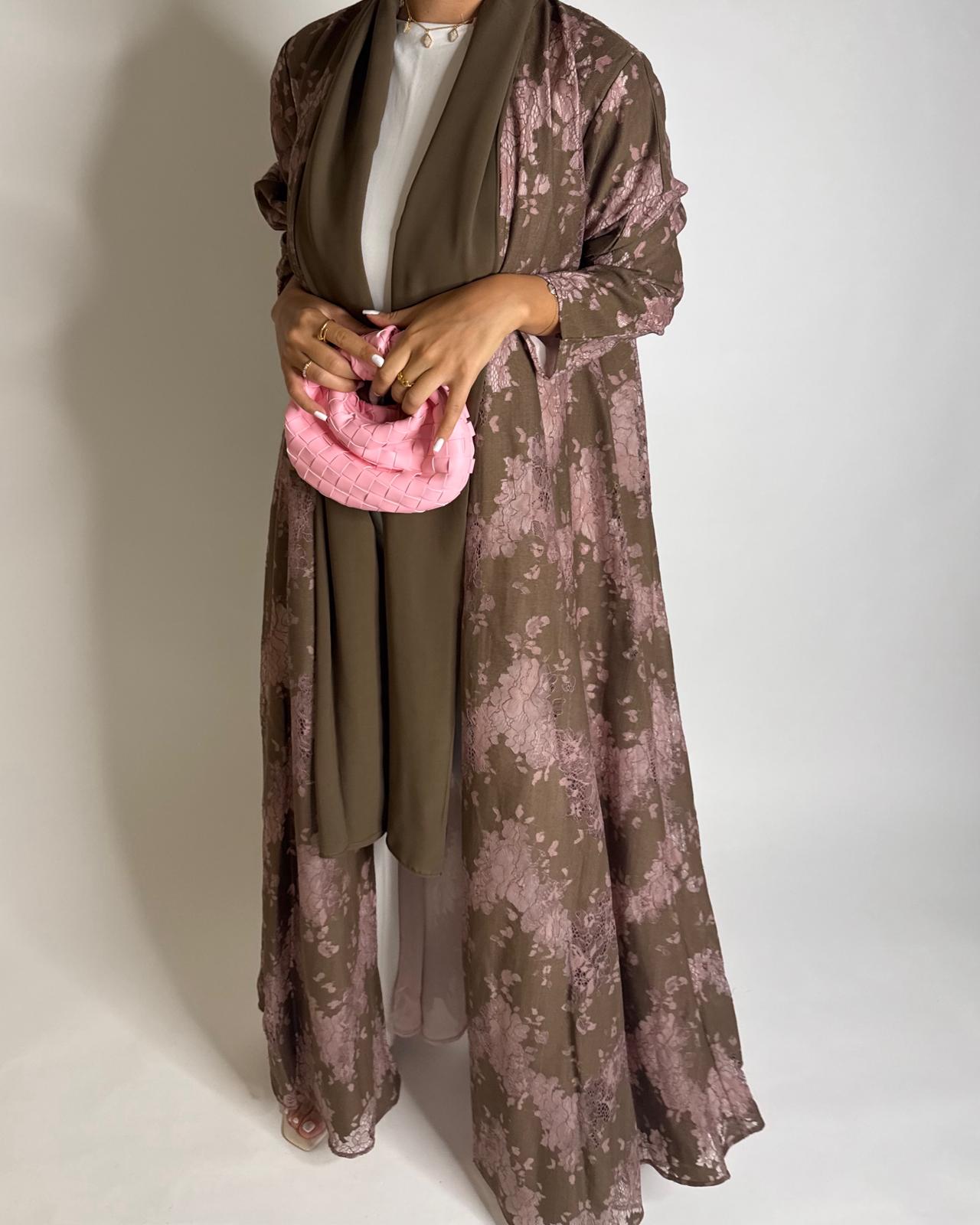 A599 - Brown & Pink Linen & Lace A-CUT Summery Abaya & Matching Head Scarf