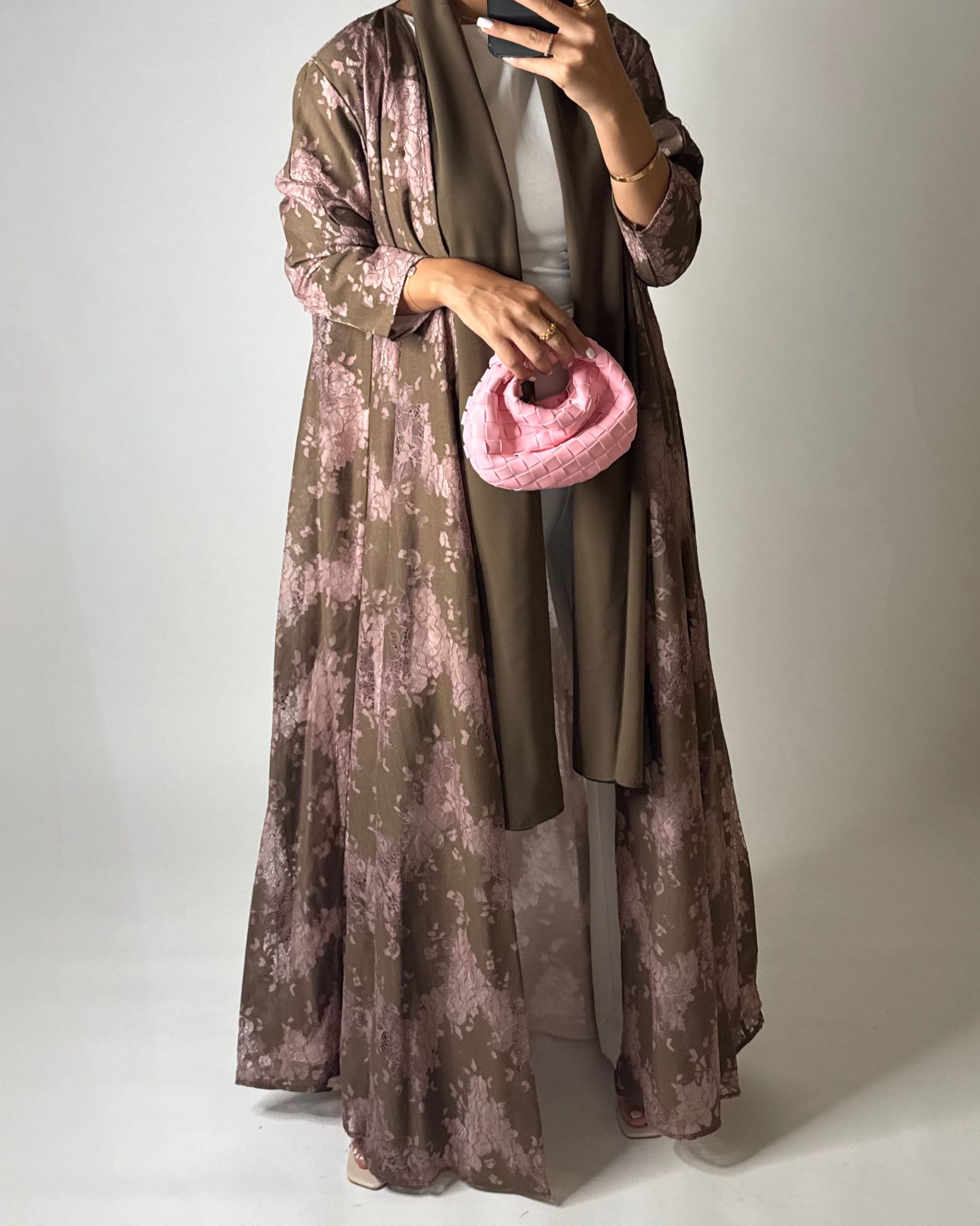 A599 - Brown & Pink Linen & Lace A-CUT Summery Abaya & Matching Head Scarf