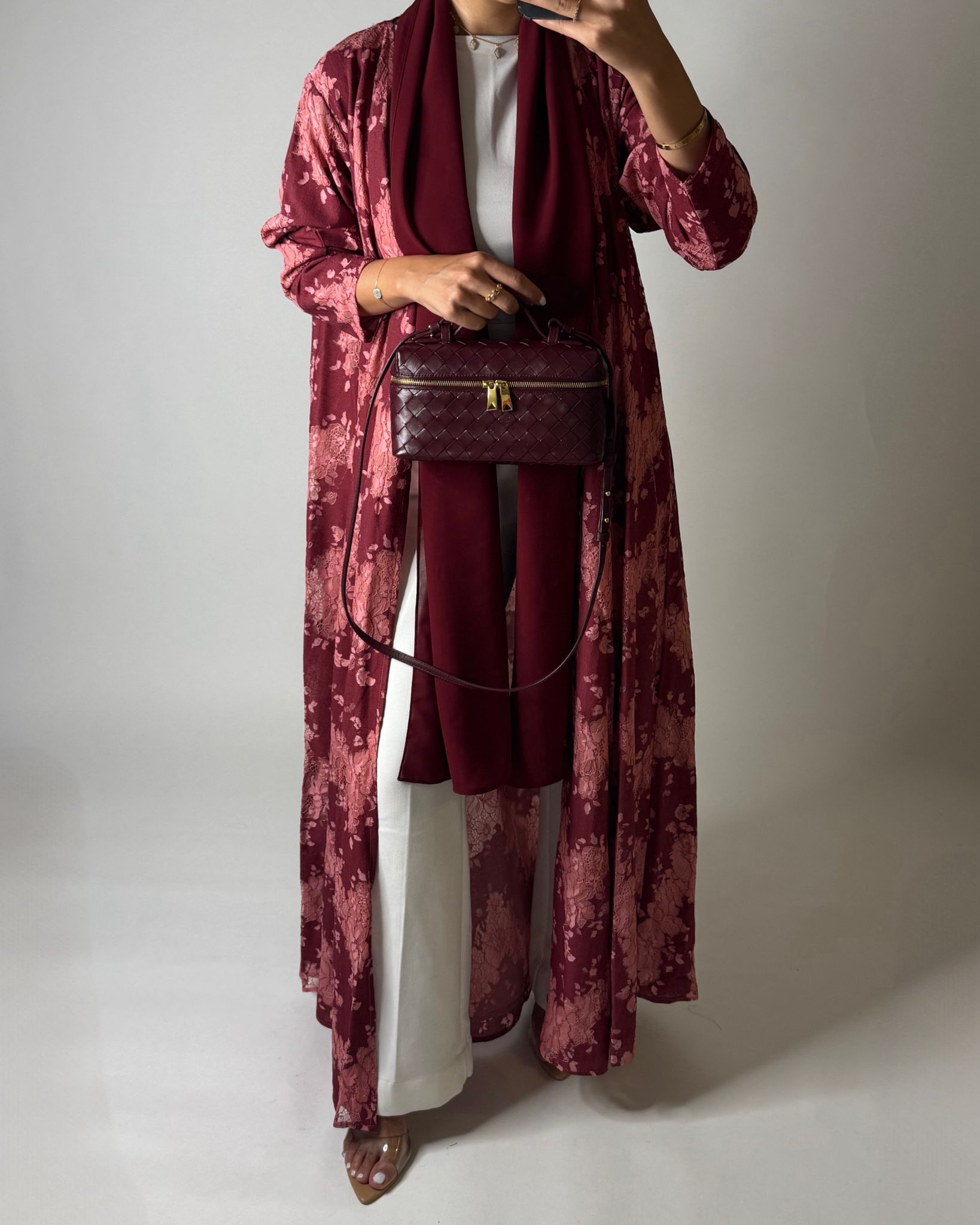 A598 - Maroon & Pink Linen & Lace A-CUT Summery Abaya & Matching Head Scarf