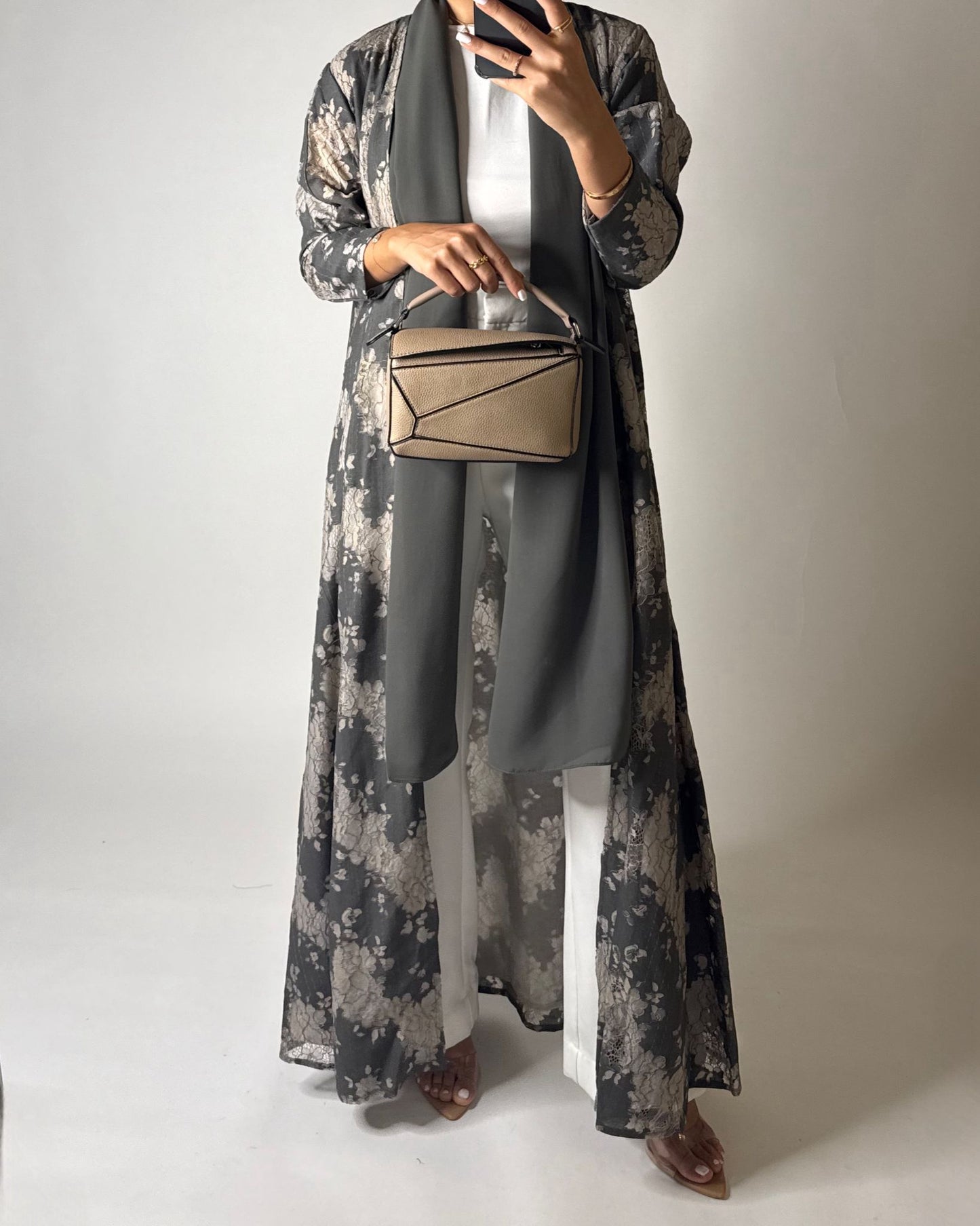 A602 - Gray & Cream Linen & Lace A-CUT Summery Abaya & Matching Head Scarf