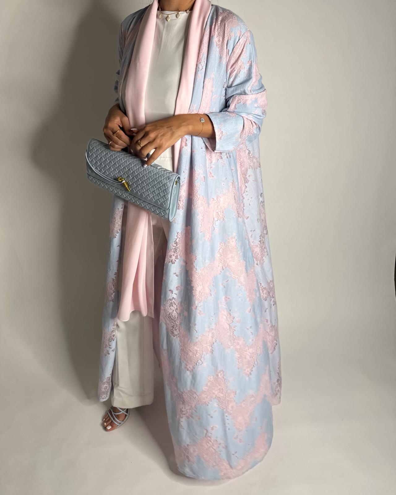 A601 - Baby Blue & Pink Linen & Lace A-CUT Summery Abaya & Matching Head Scarf