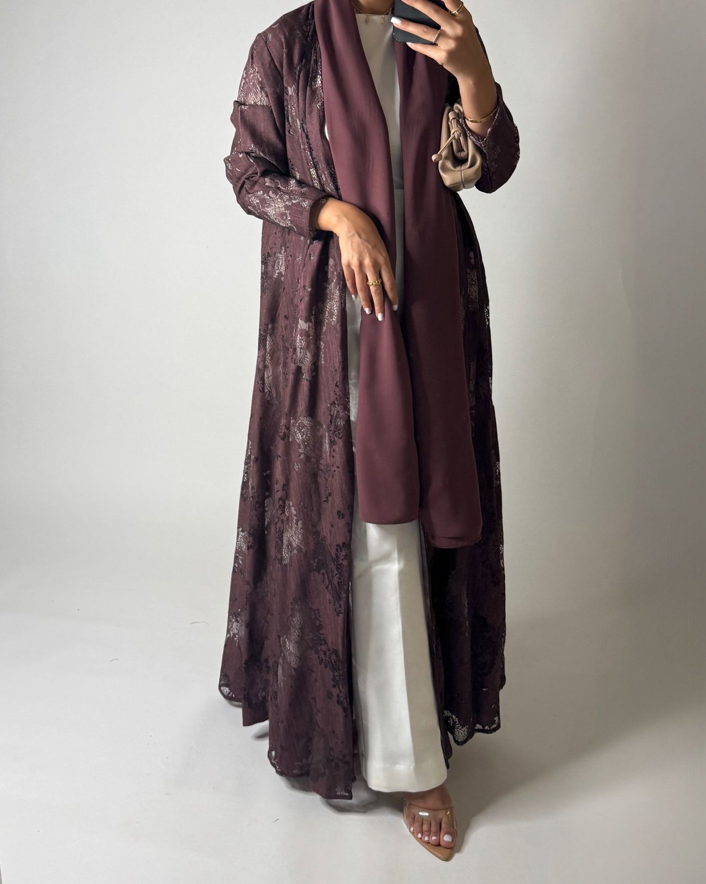 A589 - Maroon Linen & Lace A-CUT Summery Abaya & Matching Head Scarf
