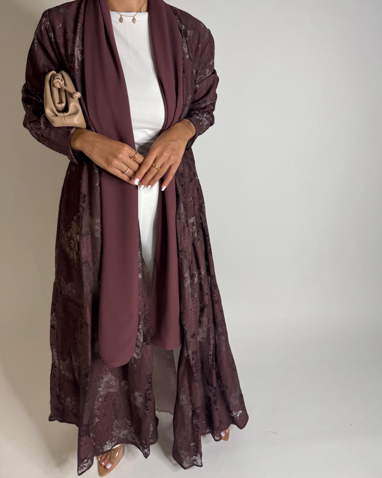 A589 - Maroon Linen & Lace A-CUT Summery Abaya & Matching Head Scarf