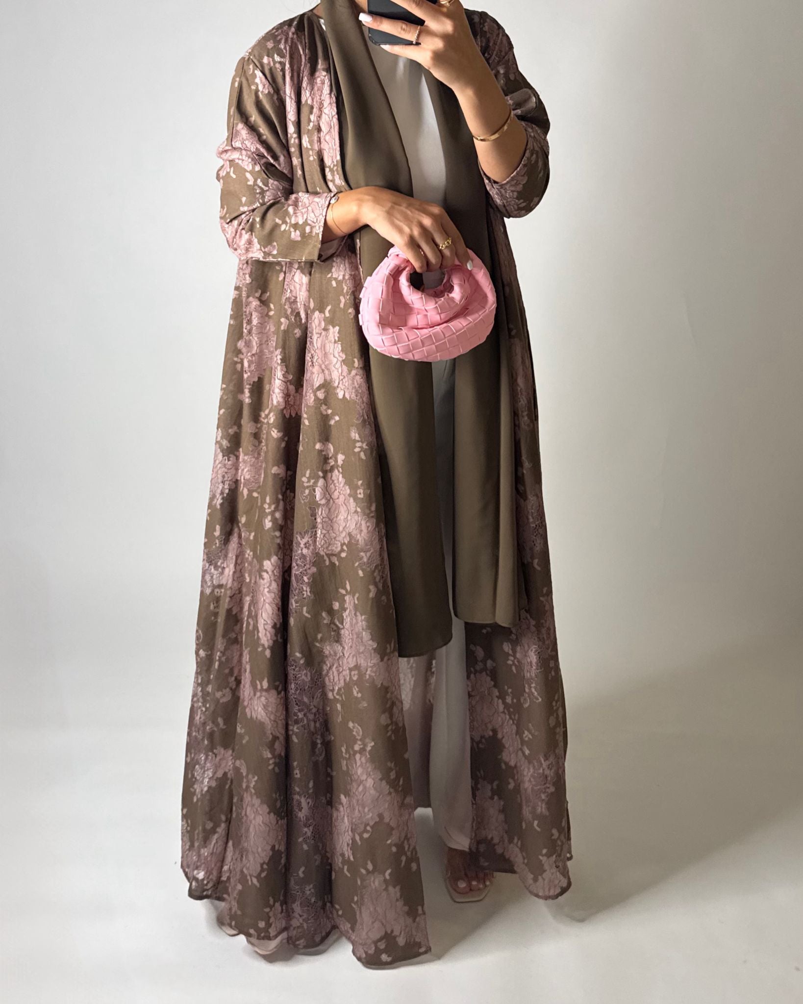 A599 - Brown & Pink Linen & Lace A-CUT Summery Abaya & Matching Head Scarf