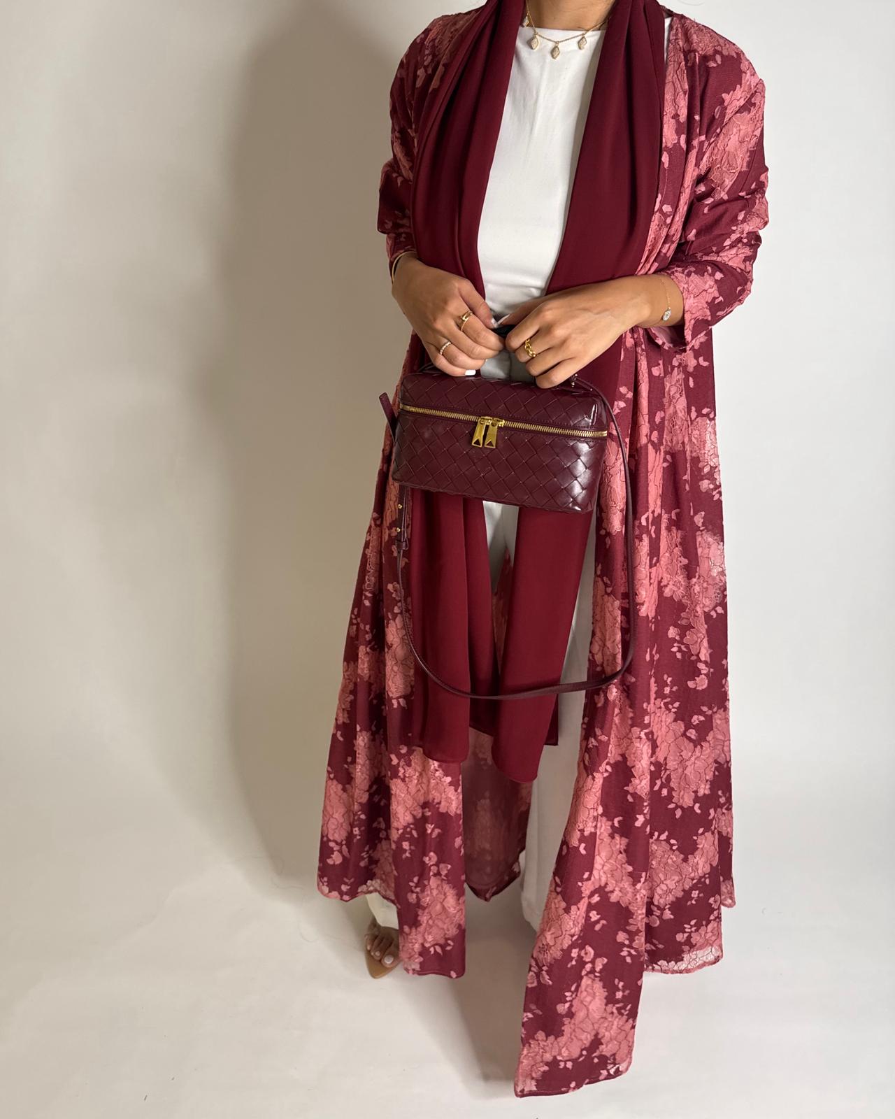 A598 - Maroon & Pink Linen & Lace A-CUT Summery Abaya & Matching Head Scarf