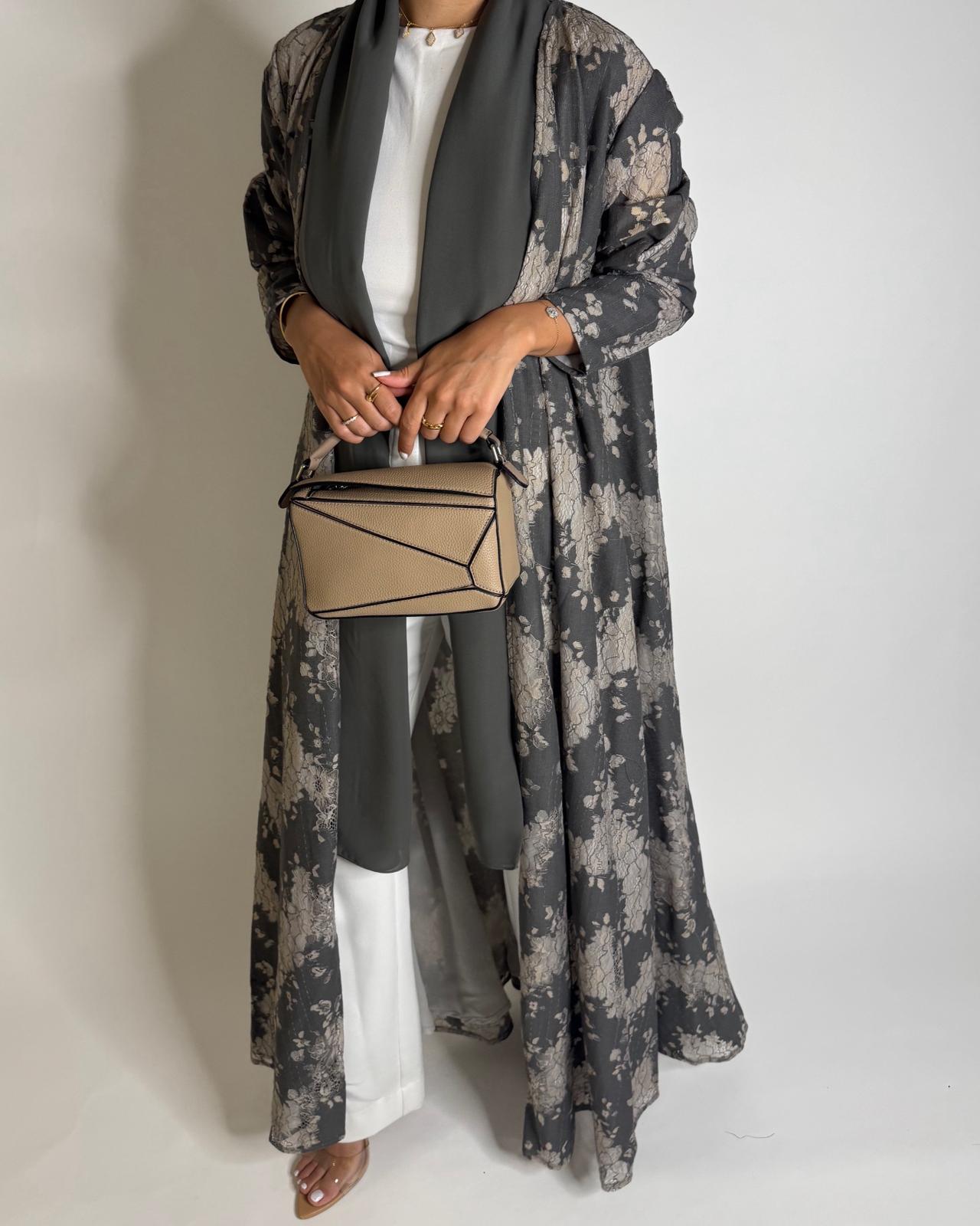 A602 - Gray & Cream Linen & Lace A-CUT Summery Abaya & Matching Head Scarf