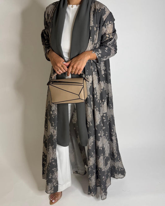 A602 - Gray & Cream Linen & Lace A-CUT Summery Abaya & Matching Head Scarf